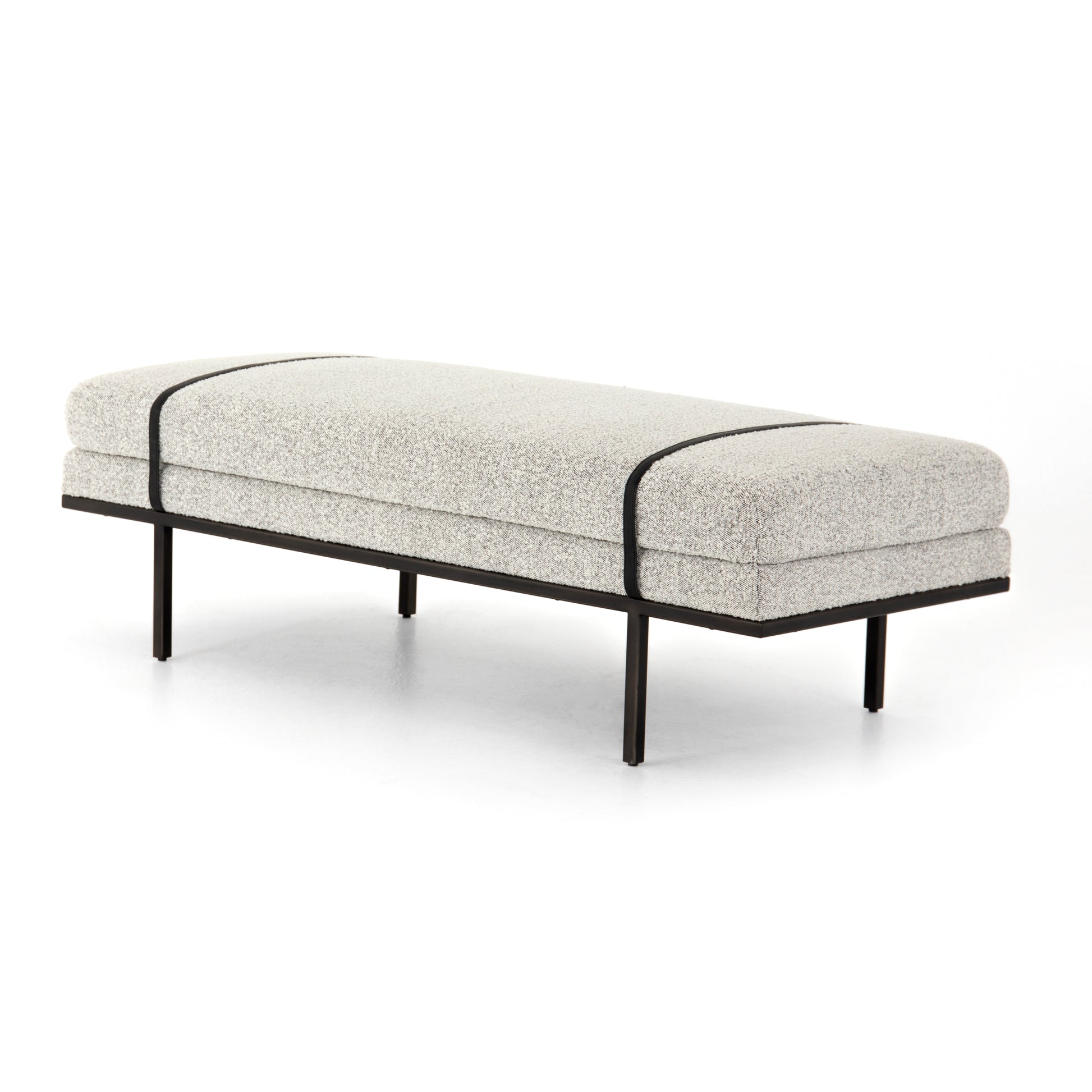 Make a chic statement with the Harris Knoll Domino Accent Bench. Decorative straps of black top-grain leather take chaise-style bench seating to the next level. Airy, elongated legs lend a look of lightness for balance.  Available late September 2020!  Overall Dimensions: 60"w x 26"d x 19.25"h Materials: Solid Parawood