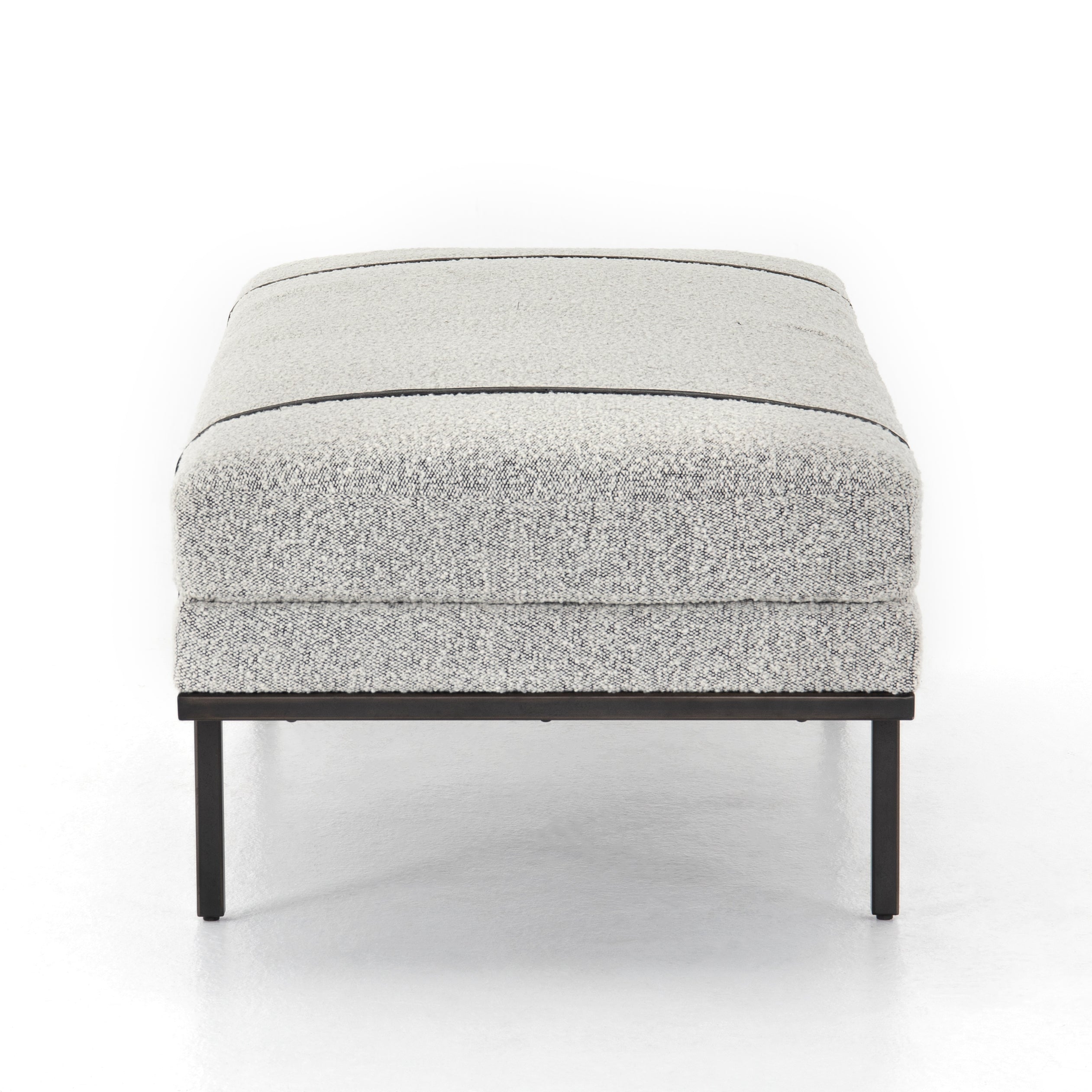 Make a chic statement with the Harris Knoll Domino Accent Bench. Decorative straps of black top-grain leather take chaise-style bench seating to the next level. Airy, elongated legs lend a look of lightness for balance. Amethyst Home provides interior design, new home construction design consulting, vintage area rugs, and lighting in the Alpharetta metro area.