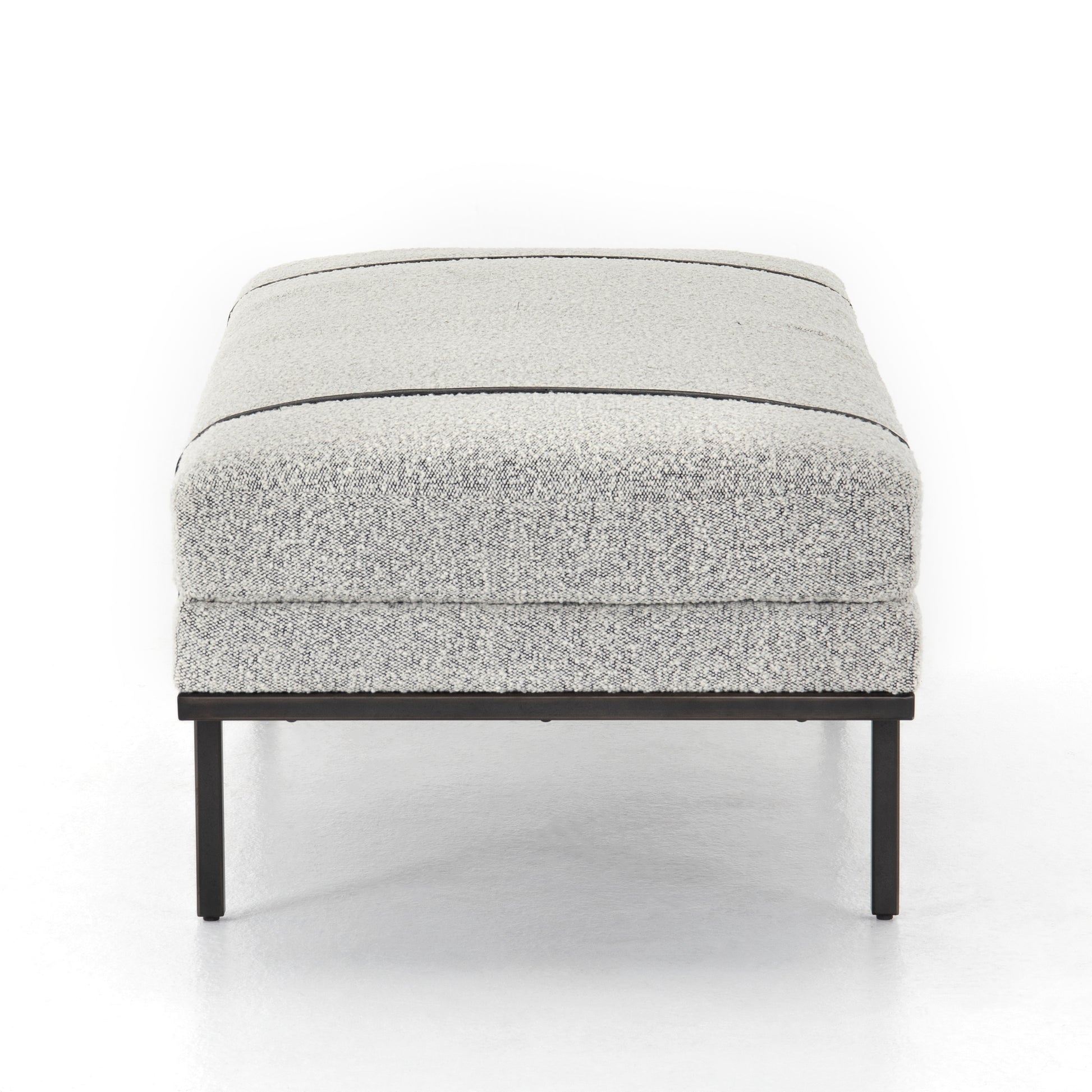Make a chic statement with the Harris Knoll Domino Accent Bench. Decorative straps of black top-grain leather take chaise-style bench seating to the next level. Airy, elongated legs lend a look of lightness for balance. Amethyst Home provides interior design, new home construction design consulting, vintage area rugs, and lighting in the Alpharetta metro area.