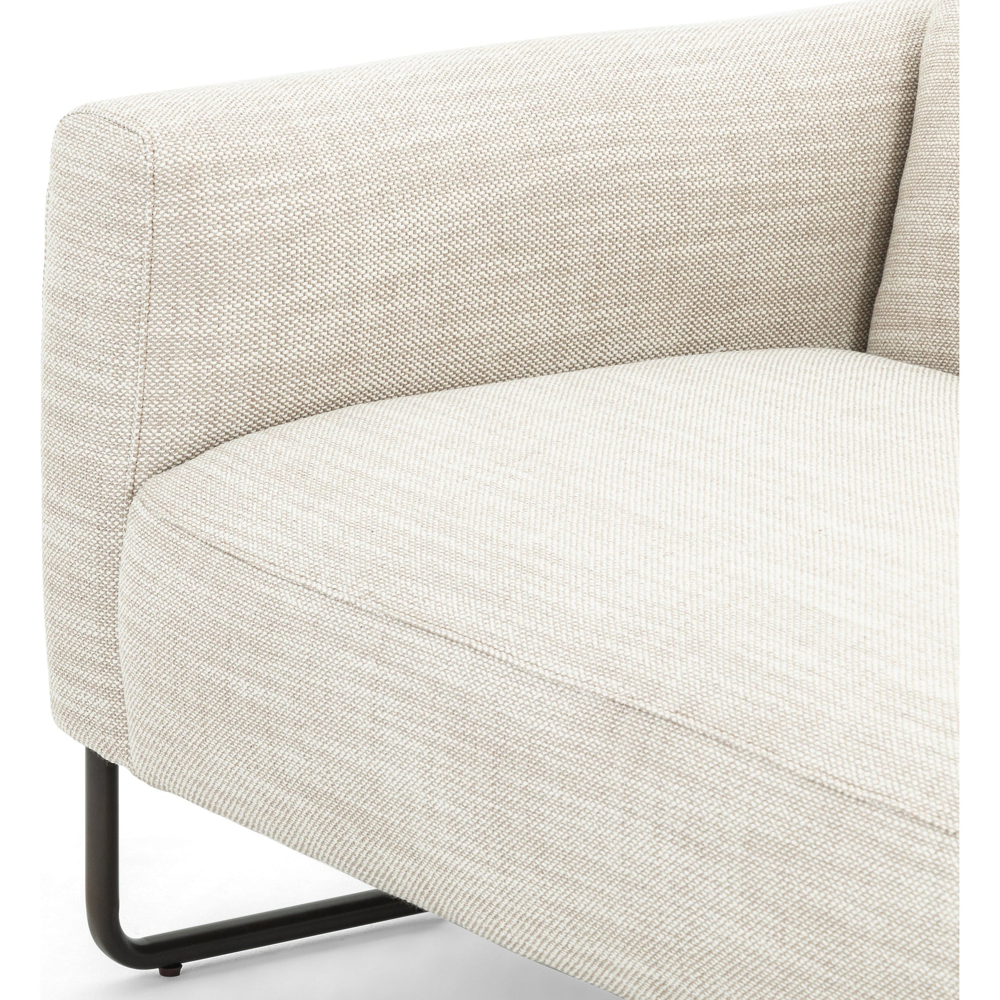 Neutral gone novel with this Ella Gable Taupe 91" Sofa. Taupe-colored upholstered seating is suspended by top-grain leather straps with handcrafted fastens, for an airy look. Solid rubberwood paneling wraps the frame’s entirety, while a black iron base lends lightness and contrast.  Available early October 2020!  Overall Dimensions: 91.00"w x 37.50"d x 30.25"h Materials: 82% Pl 16% Pc 2%Wo, Iron, 100% Top Grain Leath, Solid Parawood