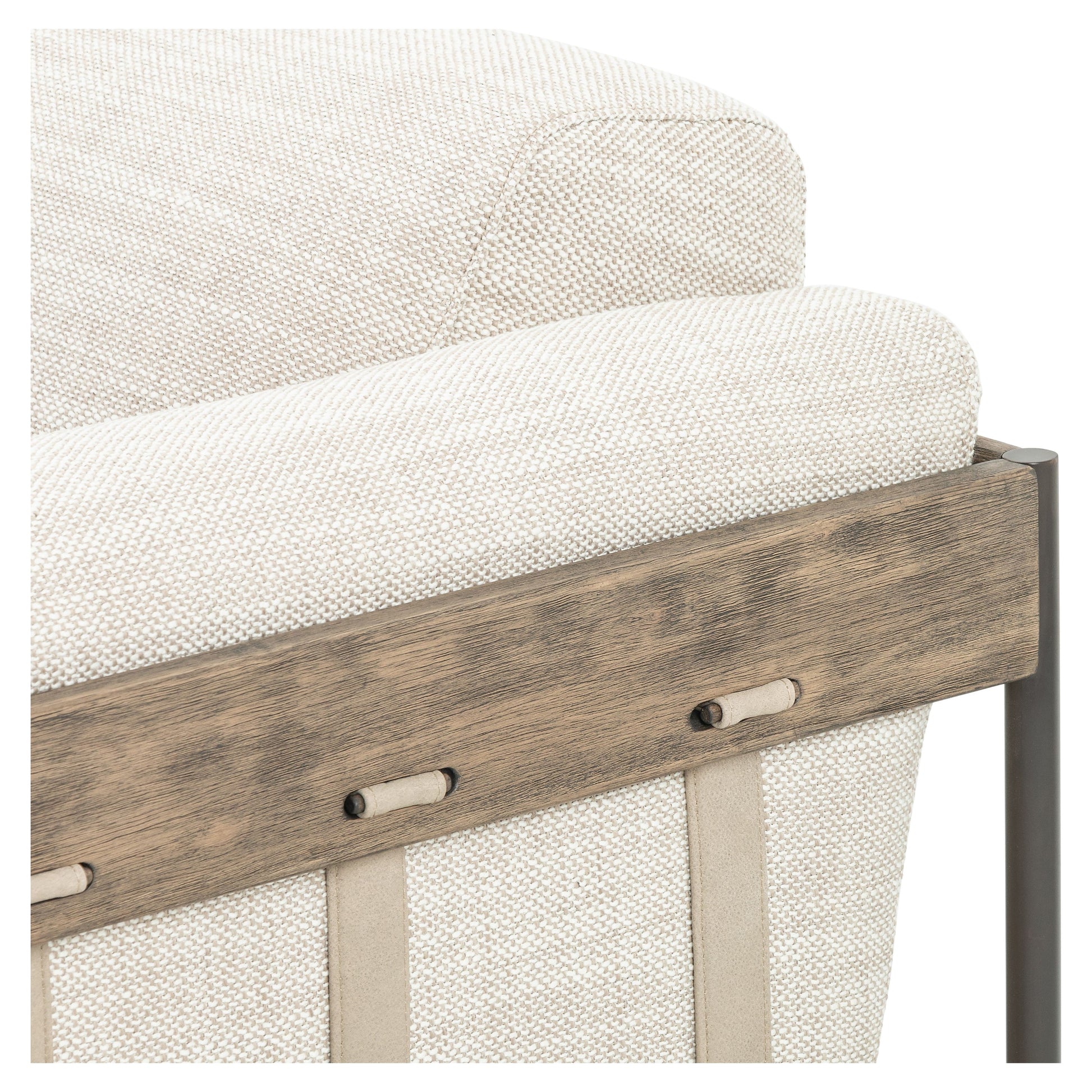 Neutral gone novel with this Ella Gable Taupe 91" Sofa. Taupe-colored upholstered seating is suspended by top-grain leather straps with handcrafted fastens, for an airy look. Solid rubberwood paneling wraps the frame’s entirety, while a black iron base lends lightness and contrast.  Available early October 2020!  Overall Dimensions: 91.00"w x 37.50"d x 30.25"h Materials: 82% Pl 16% Pc 2%Wo, Iron, 100% Top Grain Leath, Solid Parawood