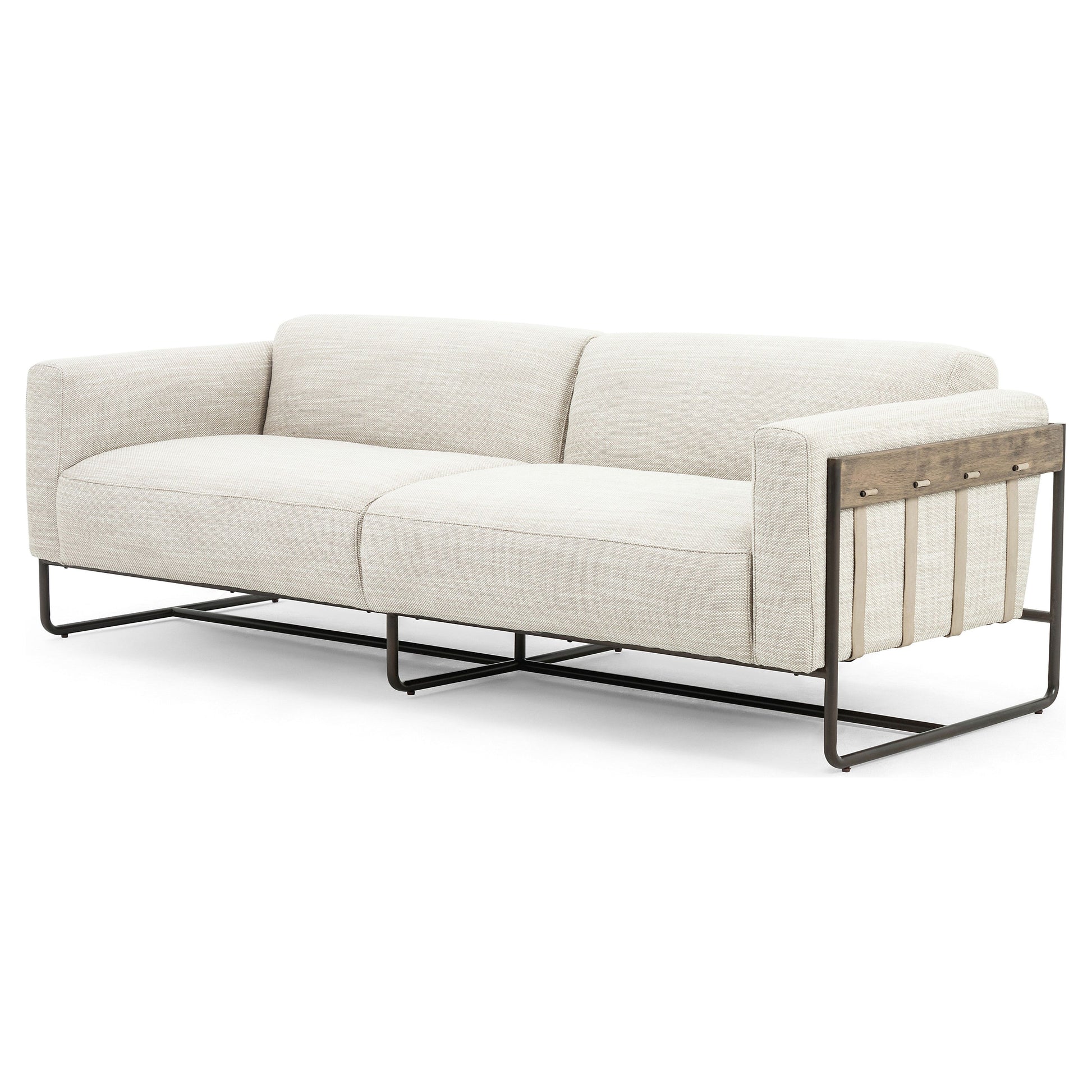 Neutral gone novel with this Ella Gable Taupe 91" Sofa. Taupe-colored upholstered seating is suspended by top-grain leather straps with handcrafted fastens, for an airy look. Solid rubberwood paneling wraps the frame’s entirety, while a black iron base lends lightness and contrast.  Available early October 2020!  Overall Dimensions: 91.00"w x 37.50"d x 30.25"h Materials: 82% Pl 16% Pc 2%Wo, Iron, 100% Top Grain Leath, Solid Parawood