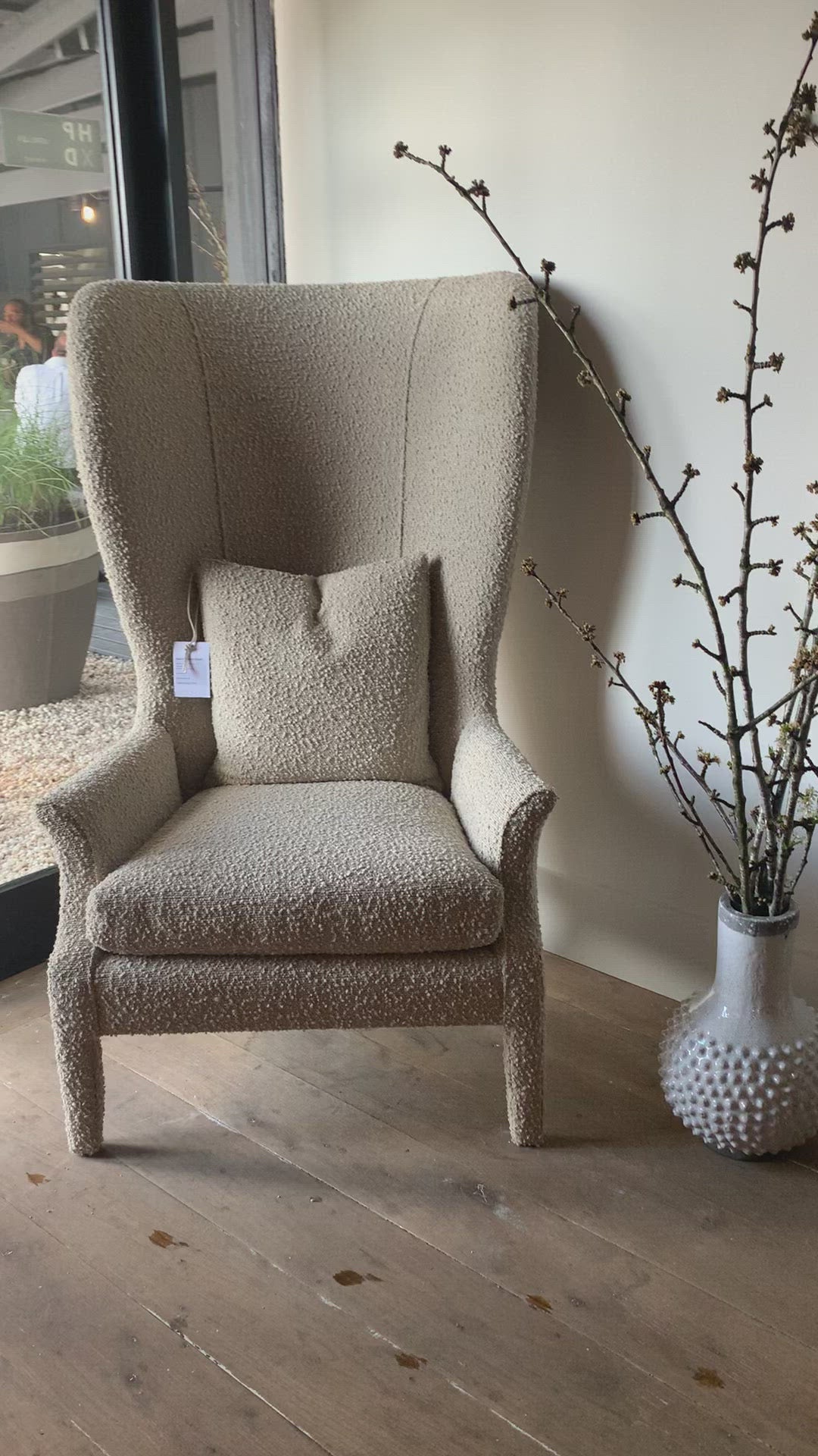 Load video: Noella Tall Wing Chair in Kenzo - Oatmeal Fabric. 