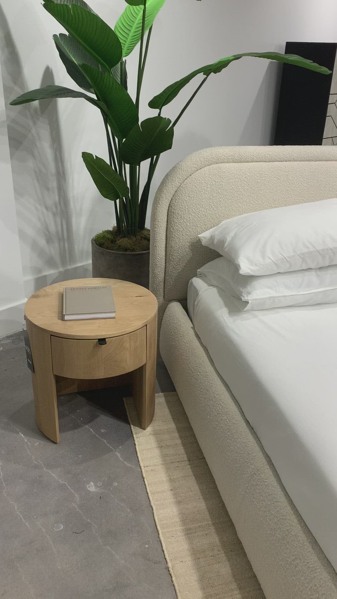 Load video: Made from solid oak and a natural finish, the Theo Nightsand gives us all the natural, earthy vibes. The drawer makes this an extremely function, contemporary piece to add to your room.   Size: 19&quot;W x 19&quot;D x 18.5&quot;H Material: Solid Oak