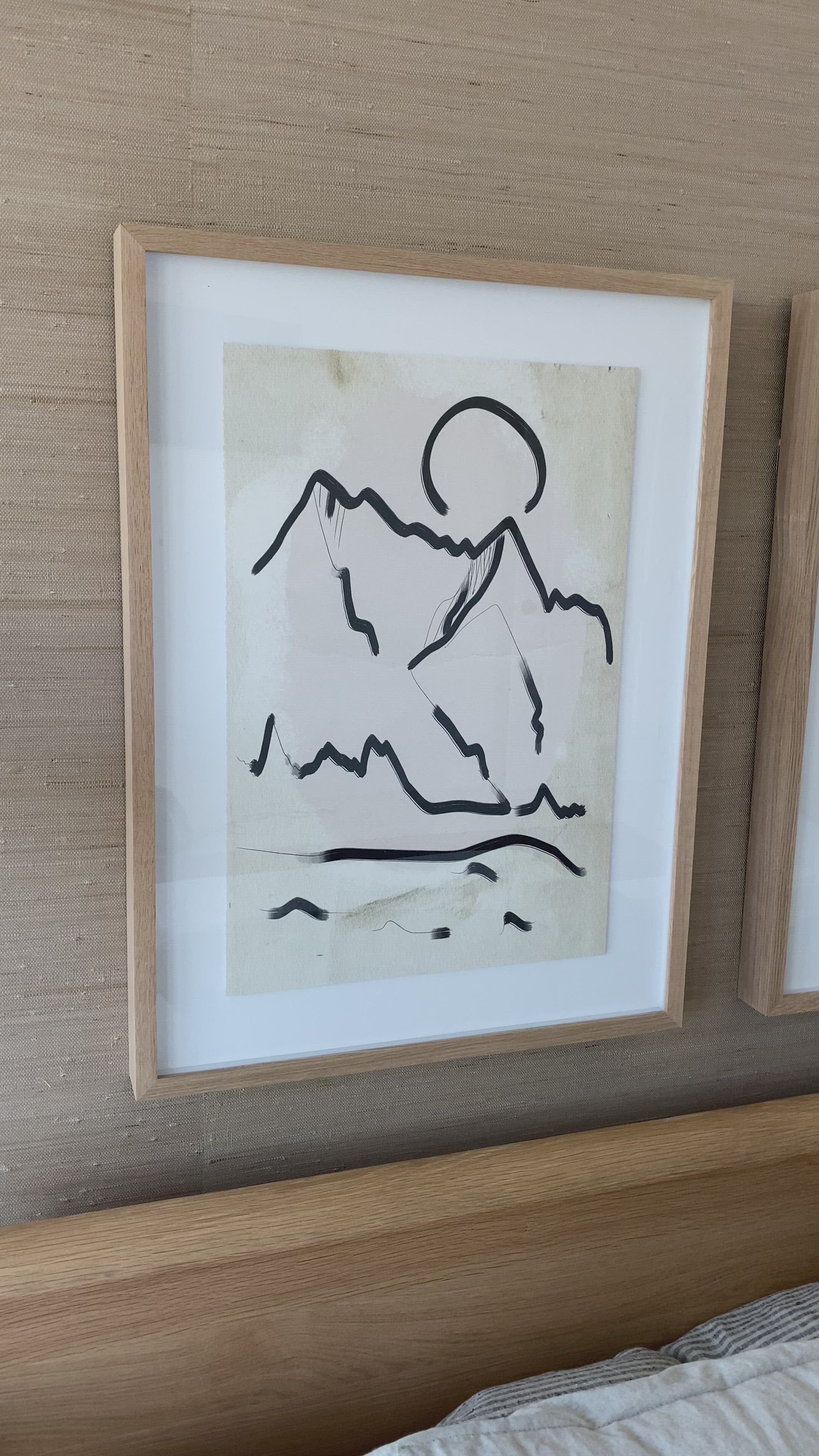 Load video: We love the clean contrast Mountain High III Art bings to a space. Original rendering by Bangkok-based art house Coup D&#39;Esprit, this is framed within vertical grain white oak for a museum-quality look.  Compete the look with Mountain High I, II, &amp; IV!