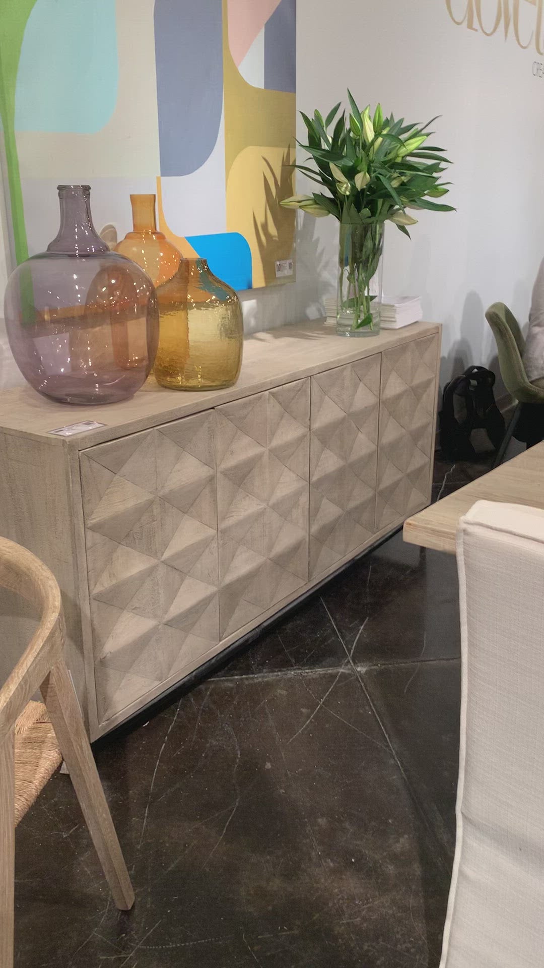 Load video: We love the textures found on this Montero Sideboard.  A wash of white and a light distressing add a whisper of color and texture to enhance this striking sideboard’s finish.   RECYCLED PINE ON IRON BASE GREY WHITE WASH FINISH Size: 84&quot;l x 19&quot;d x 37&quot;h
