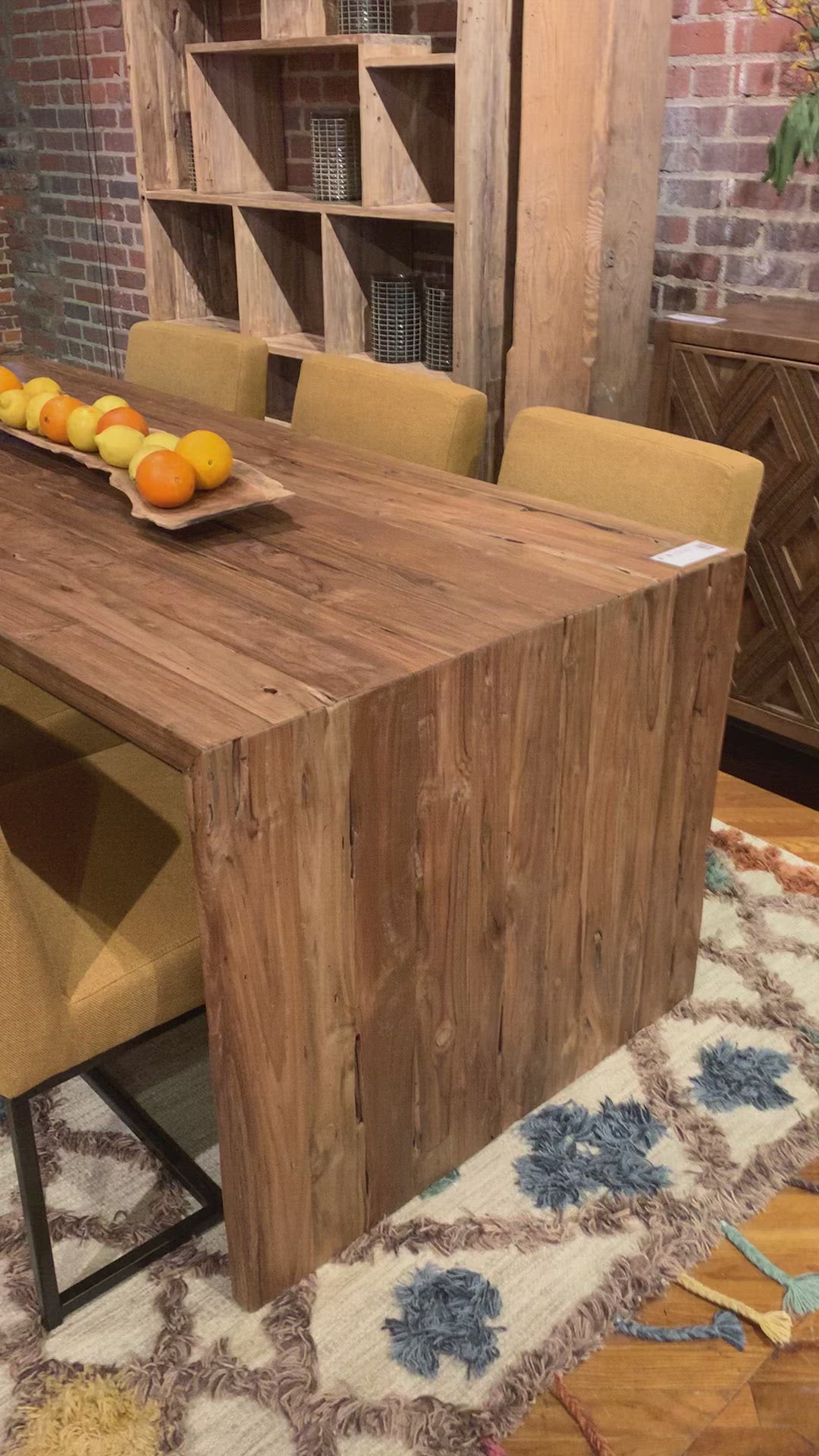 Load video: This Chilton Dining Table is beyond dreamy. Made from reclaimed teak, each table brings a different character to any dining room or kitchen area!  Reclaimed Teak Rustic Finish