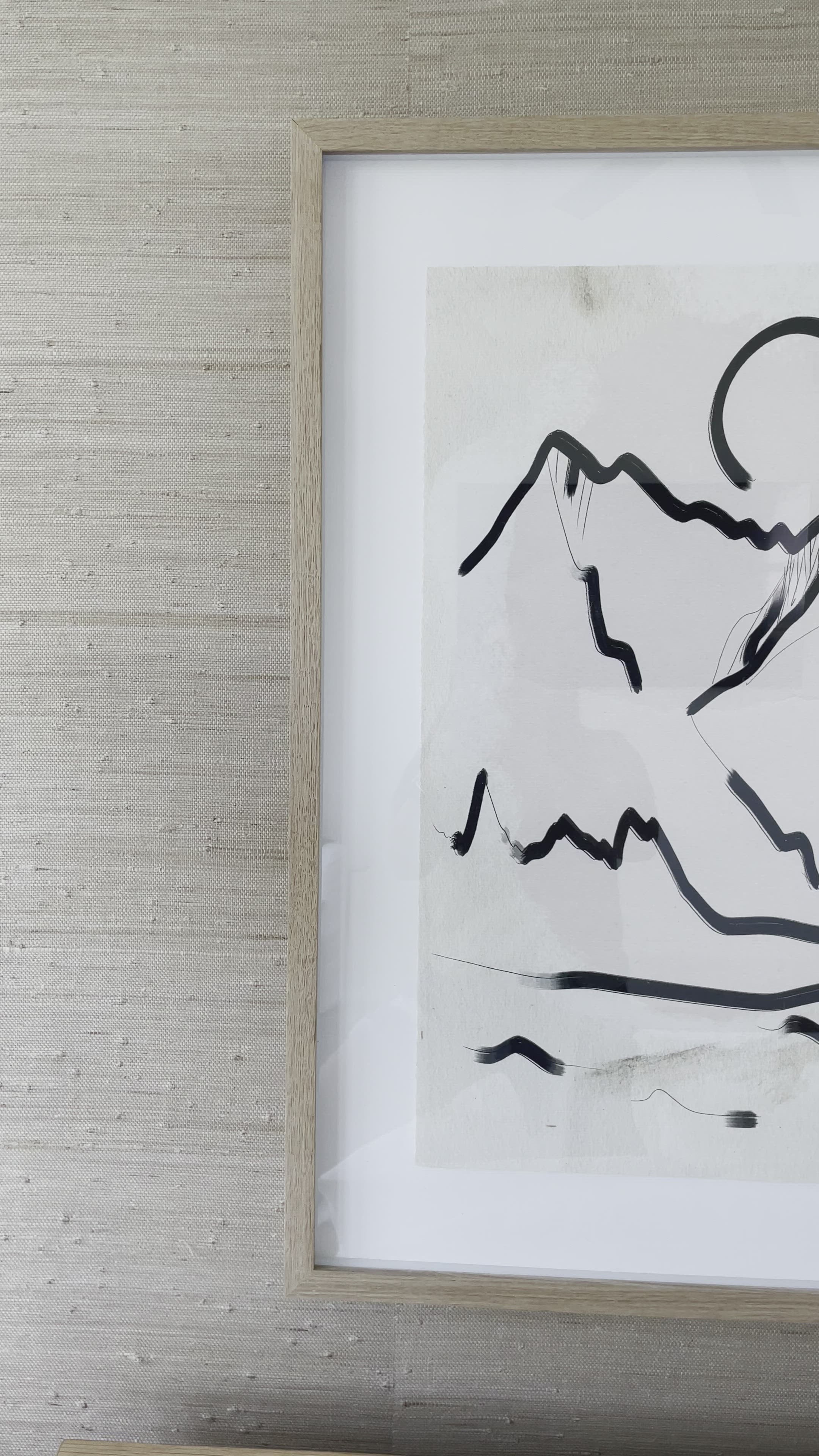 Load video: We love the clean contrast Mountain High III Art bings to a space. Original rendering by Bangkok-based art house Coup D&#39;Esprit, this is framed within vertical grain white oak for a museum-quality look.  Compete the look with Mountain High I, II, &amp; IV!