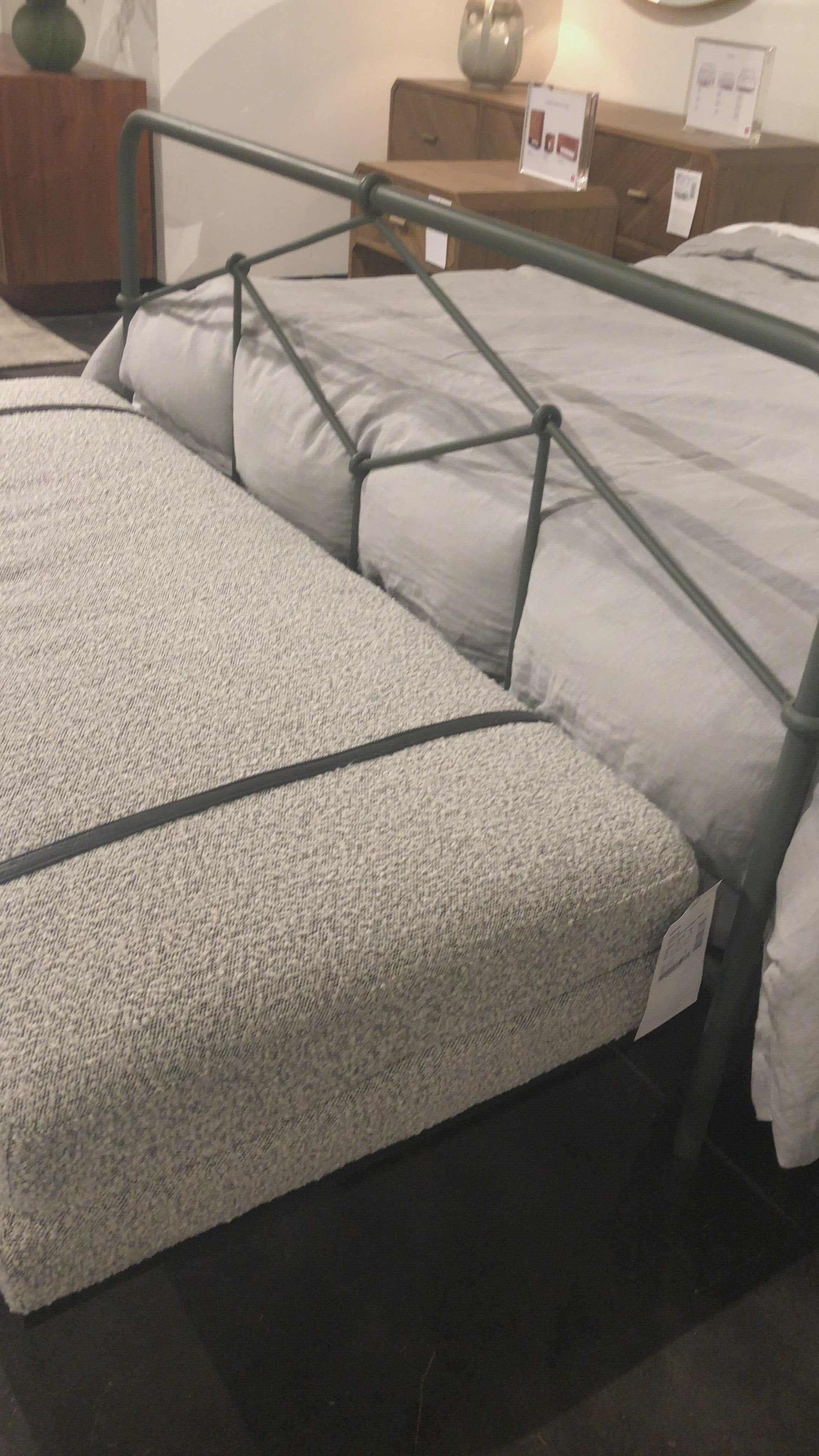 Charger la vidéo : Make a chic statement with the Harris Knoll Domino Accent Bench. Decorative straps of black top-grain leather take chaise-style bench seating to the next level. Airy, elongated legs lend a look of lightness for balance.  Overall Dimensions: 60&quot;w x 26&quot;d x 19.25&quot;h