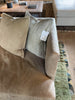 Verellen's Marilyn Sofa Family is bench-crafted in their North Carolina atelier, and features:  foam down seat construction loose boxed style seat cushion diamond tufted inside back with fabric covered ball buttons optional without tufting large and small knife edge toss pillows double needle stitch detail 4″ H conical leg