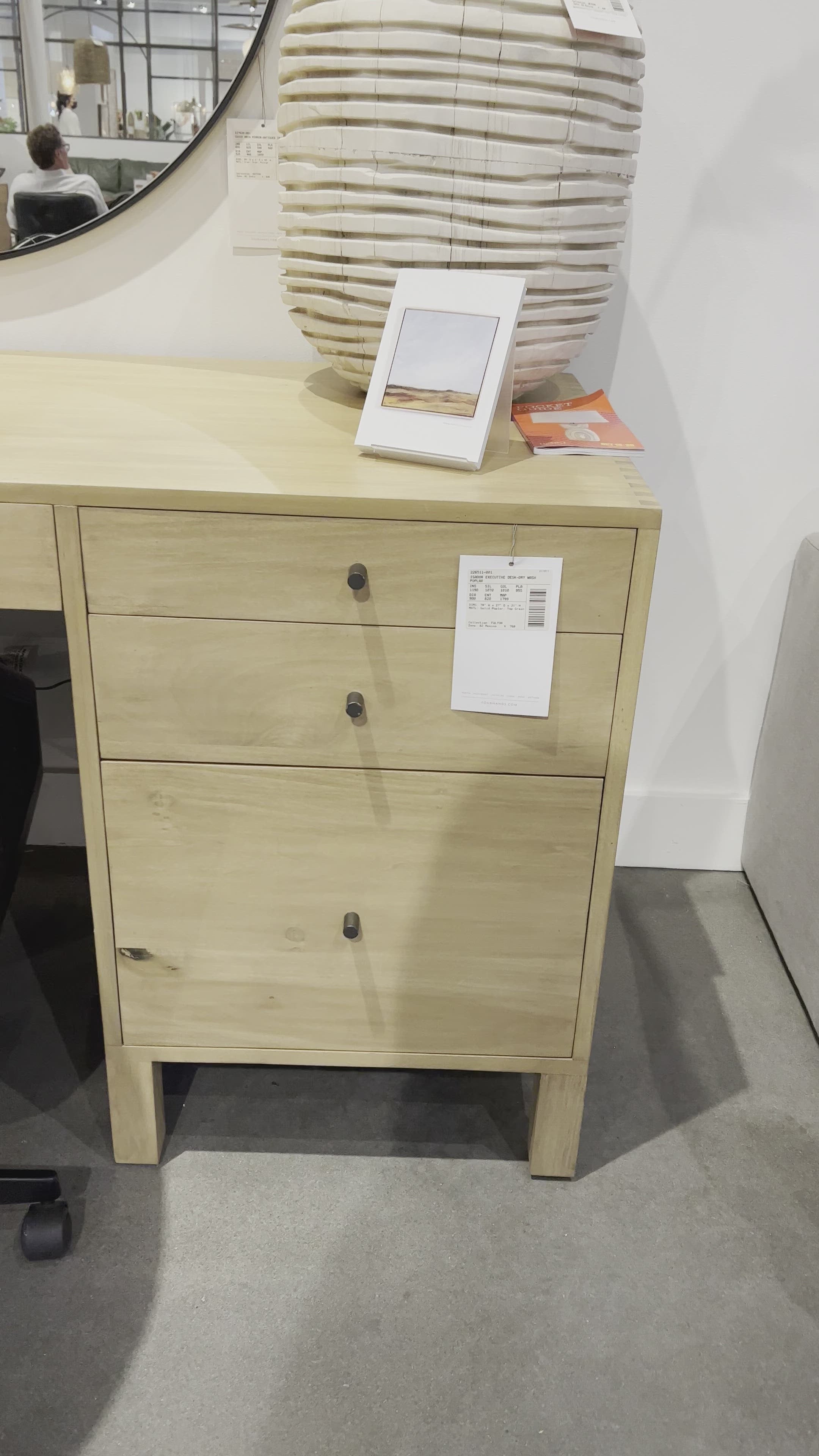 Load video: Solid dry-washed poplar forms a clean, Seventies-inspired Isador Executive Desk - Dry Wash Poplar with dovetail joinery plus iron and leather hardware, for a fresh, material-driven update to Shaker-like styling. Fully finished back grants the option to float desk anywhere in the room. Amethyst Home provides interior design, new home construction design consulting, vintage area rugs, and lighting in the Winter Garden metro area.