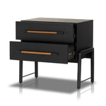 Featuring Rosedale Ebony Oak Nightstand by Four Hands at Amethyst Home. The light-finished oak of this Rosedale Nightstand brings a clean, brightness to any room. We love how the two spacious drawers have iron hardware wrapped in a gorgeous, tan leather. The dimension legs with iron connecting them bring a unique look to your bedroom or other area!Overall Dim. Amethyst Home provides interior design, new home construction design consulting, vintage area rugs, and lighting in the Houston metro area.