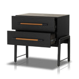 Featuring Rosedale Ebony Oak Nightstand by Four Hands at Amethyst Home. The light-finished oak of this Rosedale Nightstand brings a clean, brightness to any room. We love how the two spacious drawers have iron hardware wrapped in a gorgeous, tan leather. The dimension legs with iron connecting them bring a unique look to your bedroom or other area!Overall Dim. Amethyst Home provides interior design, new home construction design consulting, vintage area rugs, and lighting in the Houston metro area.