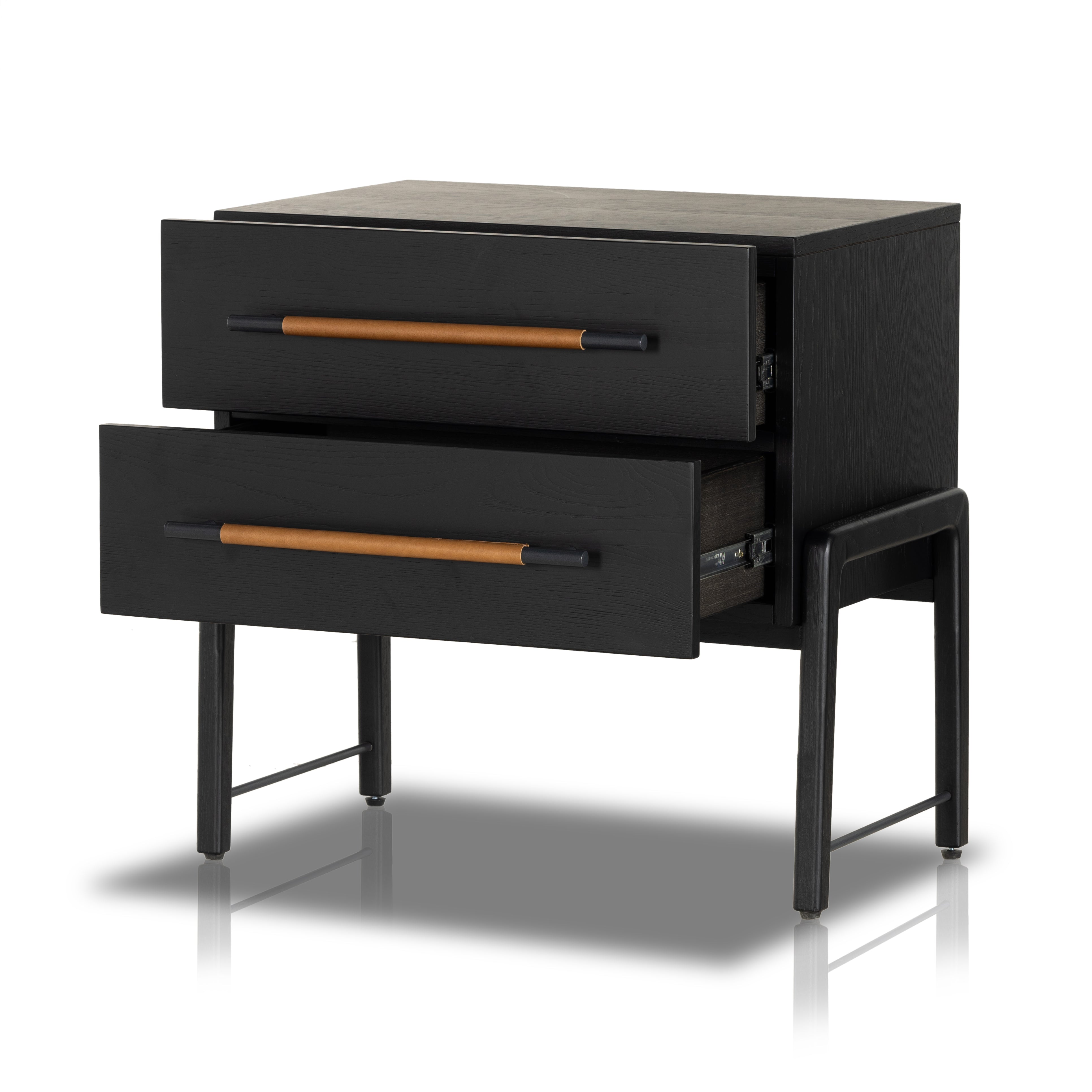 Featuring Rosedale Ebony Oak Nightstand by Four Hands at Amethyst Home. The light-finished oak of this Rosedale Nightstand brings a clean, brightness to any room. We love how the two spacious drawers have iron hardware wrapped in a gorgeous, tan leather. The dimension legs with iron connecting them bring a unique look to your bedroom or other area!Overall Dim. Amethyst Home provides interior design, new home construction design consulting, vintage area rugs, and lighting in the Houston metro area.