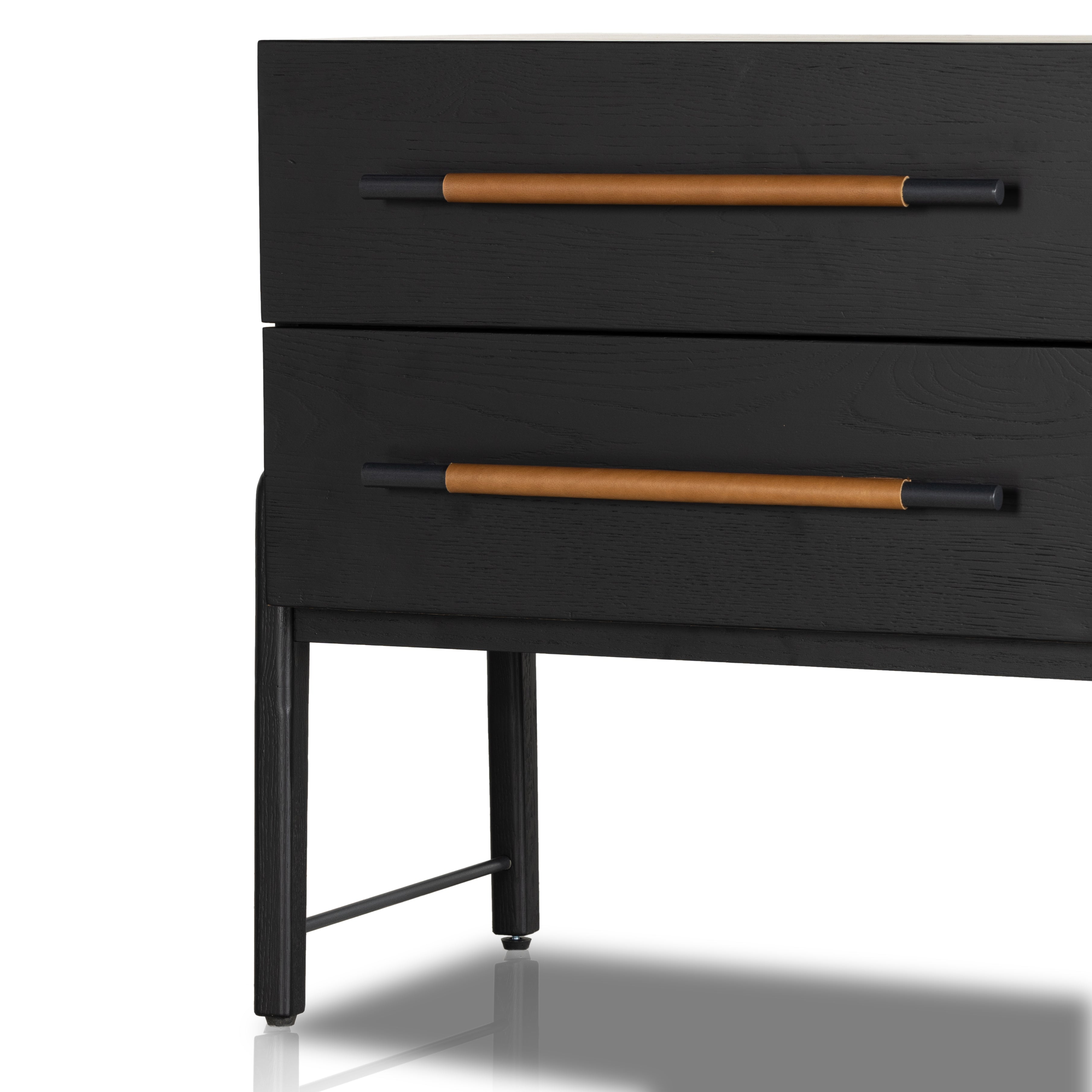 Featuring Rosedale Ebony Oak Nightstand by Four Hands at Amethyst Home. The light-finished oak of this Rosedale Nightstand brings a clean, brightness to any room. We love how the two spacious drawers have iron hardware wrapped in a gorgeous, tan leather. The dimension legs with iron connecting them bring a unique look to your bedroom or other area!Overal. Amethyst Home provides interior design, new home construction design consulting, vintage area rugs, and lighting in the Laguna Beach metro area.