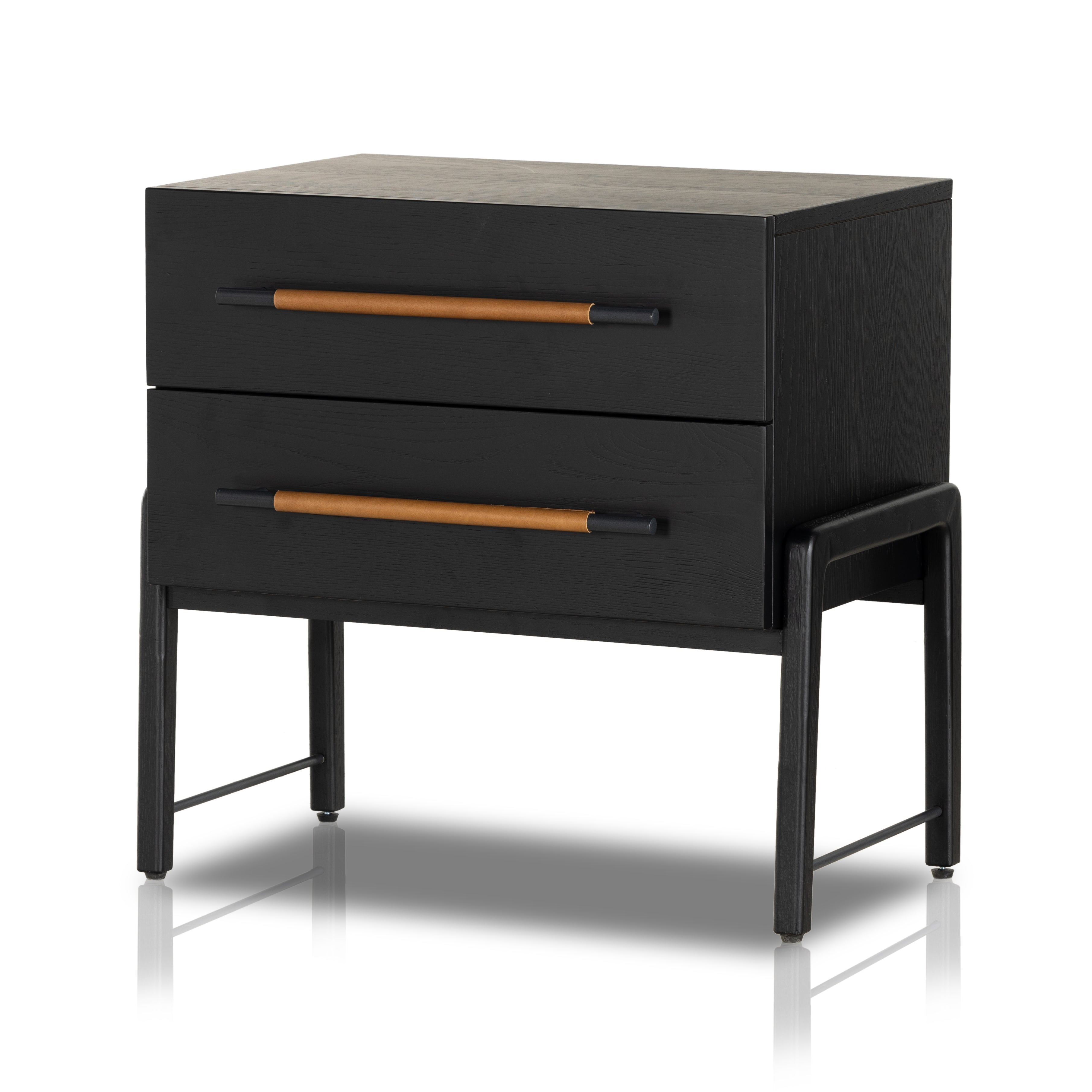 Featuring Rosedale Ebony Oak Nightstand by Four Hands at Amethyst Home. The light-finished oak of this Rosedale Nightstand brings a clean, brightness to any room. We love how the two spacious drawers have iron hardware wrapped in a gorgeous, tan leather. The dimension legs with iron connecting them bring a unique look to your bedroom or other area!Overall . Amethyst Home provides interior design, new home construction design consulting, vintage area rugs, and lighting in the Washington metro area.