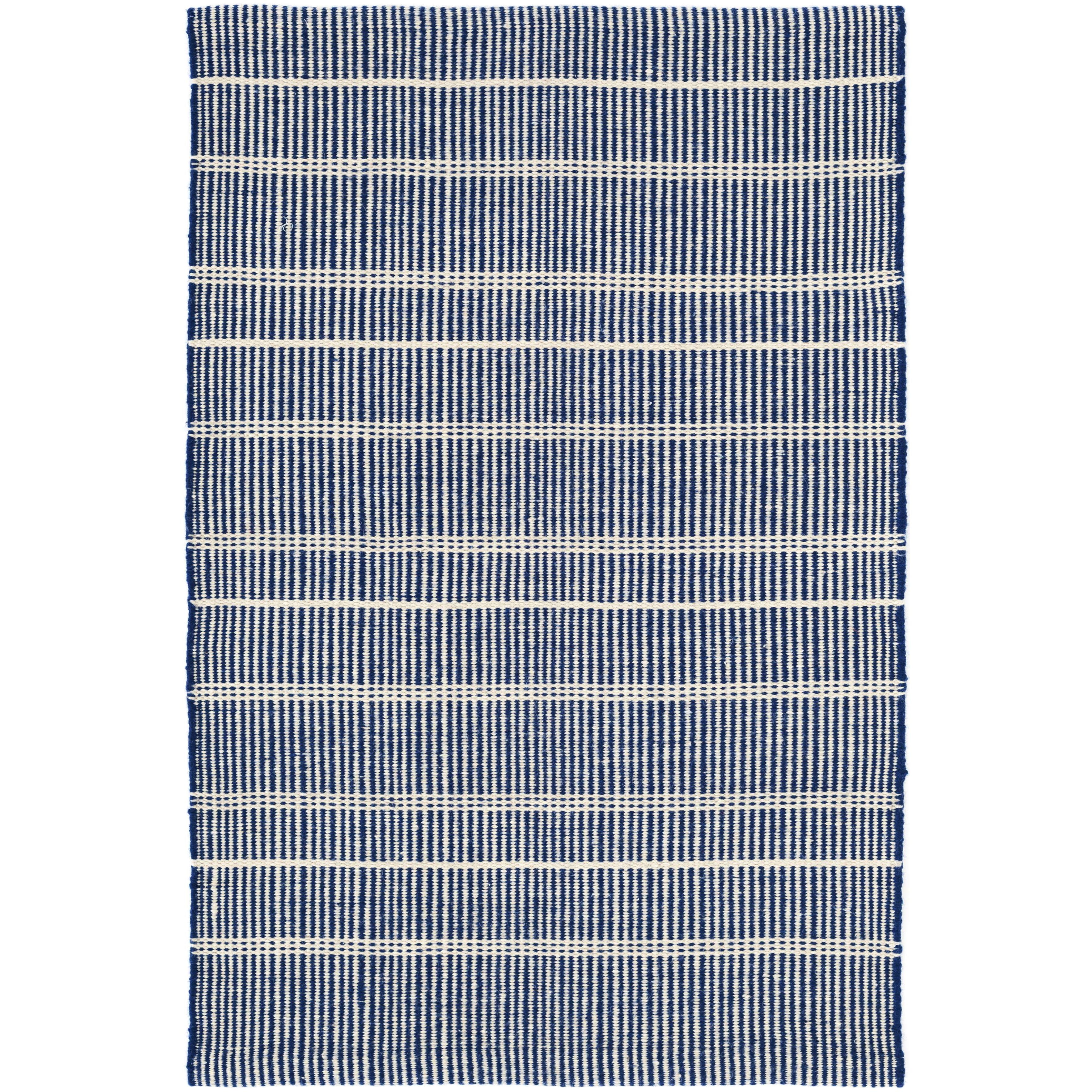 Part of our Bunny Williams collection, this delicately striped, navy indoor/outdoor rug was inspired by an antique rug sample from the designer's own personal collection. Due to the handmade nature of this area rug, variations in color are expected. Dhurrie rugs are woven to be lightweight, low profile and reversible. Amethyst Home provides interior design, new construction, custom furniture, and area rugs in the Laguna Beach metro area.