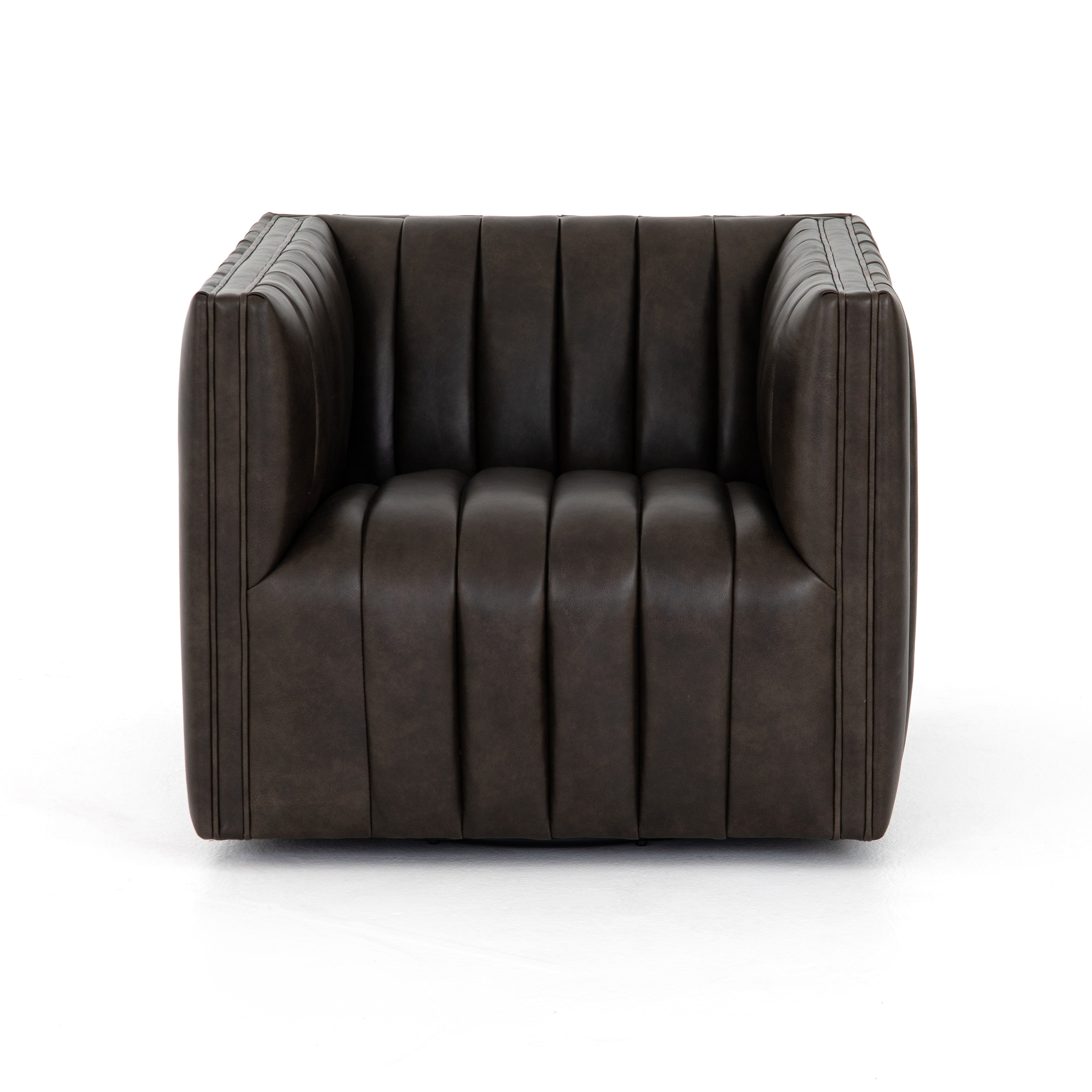 You will love the dramatic channeling and deep brown hue of this Augustine Deacon Wolf Swivel Chair. The swivel feature sets this apart from other chairs and is a great choice for any living room or media room. This chair is comfort wrapped in soft leather making this everyone's favorite chair.