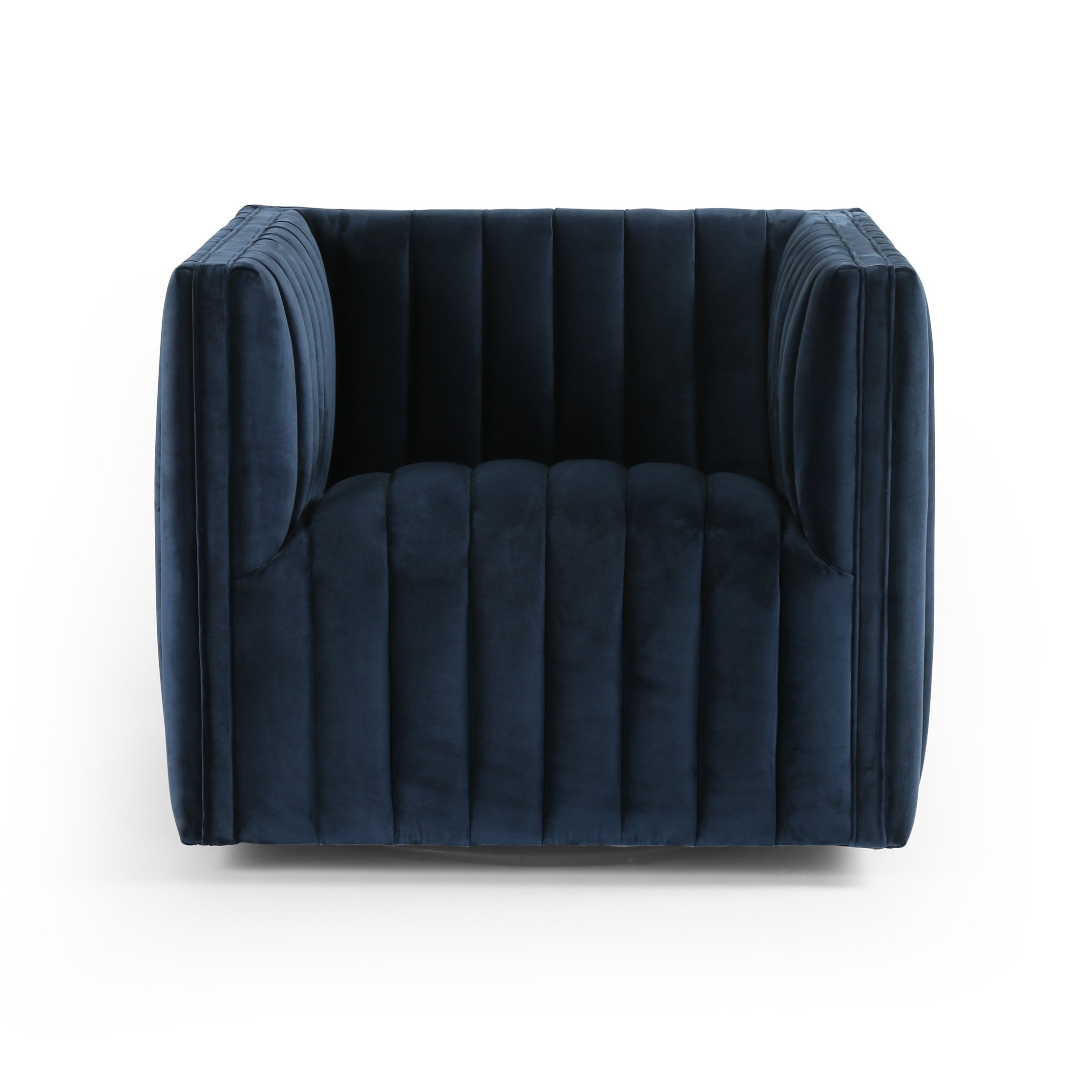 A modern take on classic library chair, the Augustine Sapphire Navy Swivel Chair is a luxurious poly-blend navy seating that takes on dramatic channeling for trend-forward texture and sumptuous sit. Swivel feature amps up fresh appeal from every angle.  Size: 32"w x 34"d x 26.5"h Seat Depth: 23" Seat Height: 17" Arm Height from Floor: 26.5" Arm Height from Seat: 9.5"