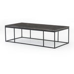 Spare beauty, casual elegance with the Harlow Bluestone Small Coffee Table. A gunmetal Parson's base with hand-rubbed, dimensional edges supports a rough-hewn bluestone slab that feels found and perfectly placed.  Size: 60"w x 28"d x 17"h Materials: Iron, Limestone