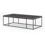 Spare beauty, casual elegance with the Harlow Bluestone Small Coffee Table. A gunmetal Parson's base with hand-rubbed, dimensional edges supports a rough-hewn bluestone slab that feels found and perfectly placed.  Size: 60"w x 28"d x 17"h Materials: Iron, Limestone