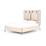 Safari styling gets a modern reboot with this Leigh Upholstered Bed. Linen-blend upholstery of neutral taupe lays a texture-rich base for a forward-thinking bedroom look. Brown leather straps secure decorative headboard pillows, suspended for eye-catching effect. Box spring required.