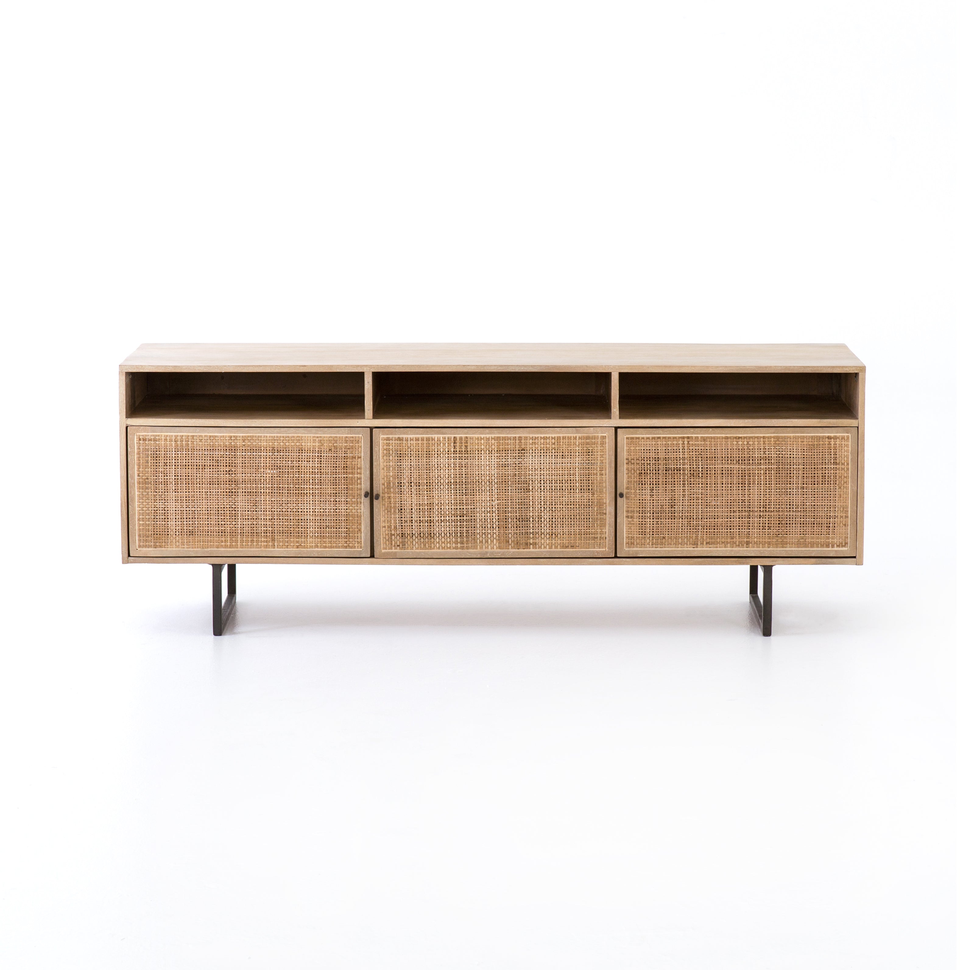 We love the organic feel of this Carmel Natural Mango Media Console. The shelves and posterior cord management make this the perfect media console for families wanting extra storage, while also adding a mid-century look to the room.   Size: 65"w x 18"d x 24"h  Materials: Mango Wood, Cane, Iron