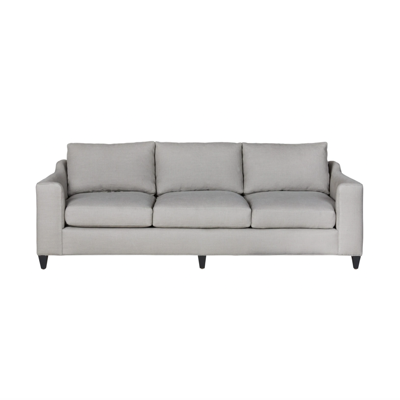 A chic, yet simple design, the Gunner Upholstered Sofa by Cisco Brothers boasts a streamlined frame supported by tapered legs. This sofa is beautifully detailed, with piping on the body and top stitch on cushions. It has a traditional yet sleek look, ideal for entertaining.  Photographed in Brevard Pewter.   Overall: 84"w x 36"d x 25"h