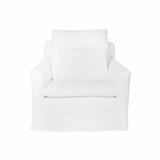 Our slipcovered Donato Slipcovered Chair from Cisco Brothers is one of our dreamiest seats! This photographed version of the chair was made in a beautifully made white denim of 100% cotton. This chair is equal parts casual and chic. A triple washed down feather cushion feels like a cloud with upholstered support beneath!  Overall Size: 36"w x 37"d x 31"h