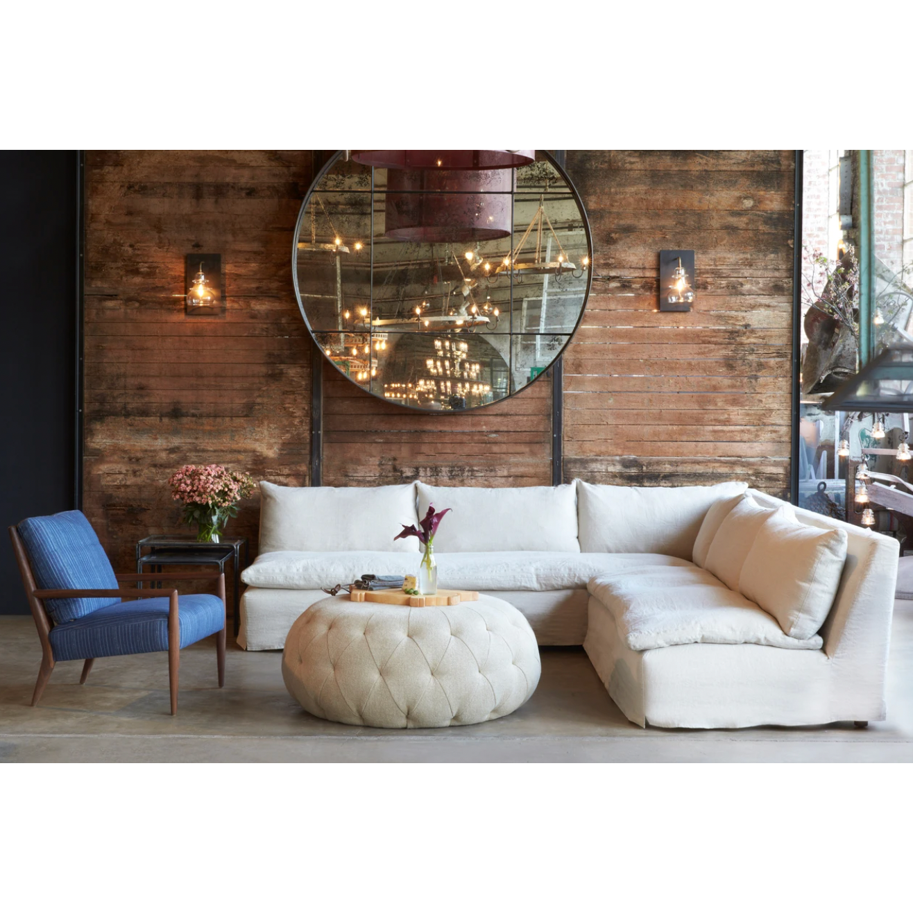 A casual, slipcovered chunky linen sectional by Cisco Brothers, the Laguna 2pc Sectional is the ultimate in casual luxury.  A down-filled seat cushion is supported by springs in a gentle, resting position.  Pair with a one-of-a-kind statement rug for a signature look. Shown in Otis White 100% linen.
