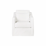 The Rebecca by Cisco Brothers has a stunning silhouette draped in a graceful slip skirt with a neat kick-pleat detail. With a lumbar pillow for extra comfort, this tranquil chair will bring relaxation and ease into your home. Photographed in Denim White.   Overall: 30"w x 35"d x 31"h
