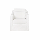 The Rebecca by Cisco Brothers has a stunning silhouette draped in a graceful slip skirt with a neat kick-pleat detail. With a lumbar pillow for extra comfort, this tranquil chair will bring relaxation and ease into your home. Photographed in Denim White.   Overall: 30"w x 35"d x 31"h