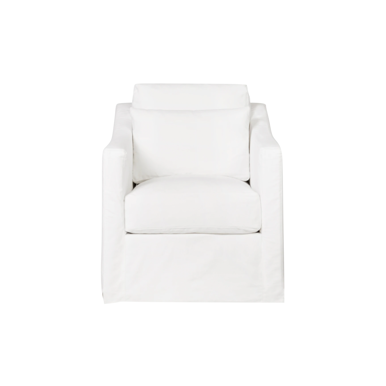 The Rebecca by Cisco Brothers has a stunning silhouette draped in a graceful slip skirt with a neat kick-pleat detail. With a lumbar pillow for extra comfort, this tranquil chair will bring relaxation and ease into your home. Photographed in Denim White.   Overall: 30"w x 35"d x 31"h