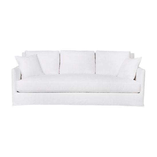 With three-over-three cushions, and thin arms the Elm 84" Sofa - Essentials has optimal seating space on a small scale frame. The clean-lined silhouette is perfect for adding a refined touch to any living ensemble. A perfect entertainment sofa for your living room or den.    This beloved family furniture designer brand is our go-to choice for families with young children and pets. The organic linen & cotton fabric collection is machine washable (not dryer friendly -- please air dry!