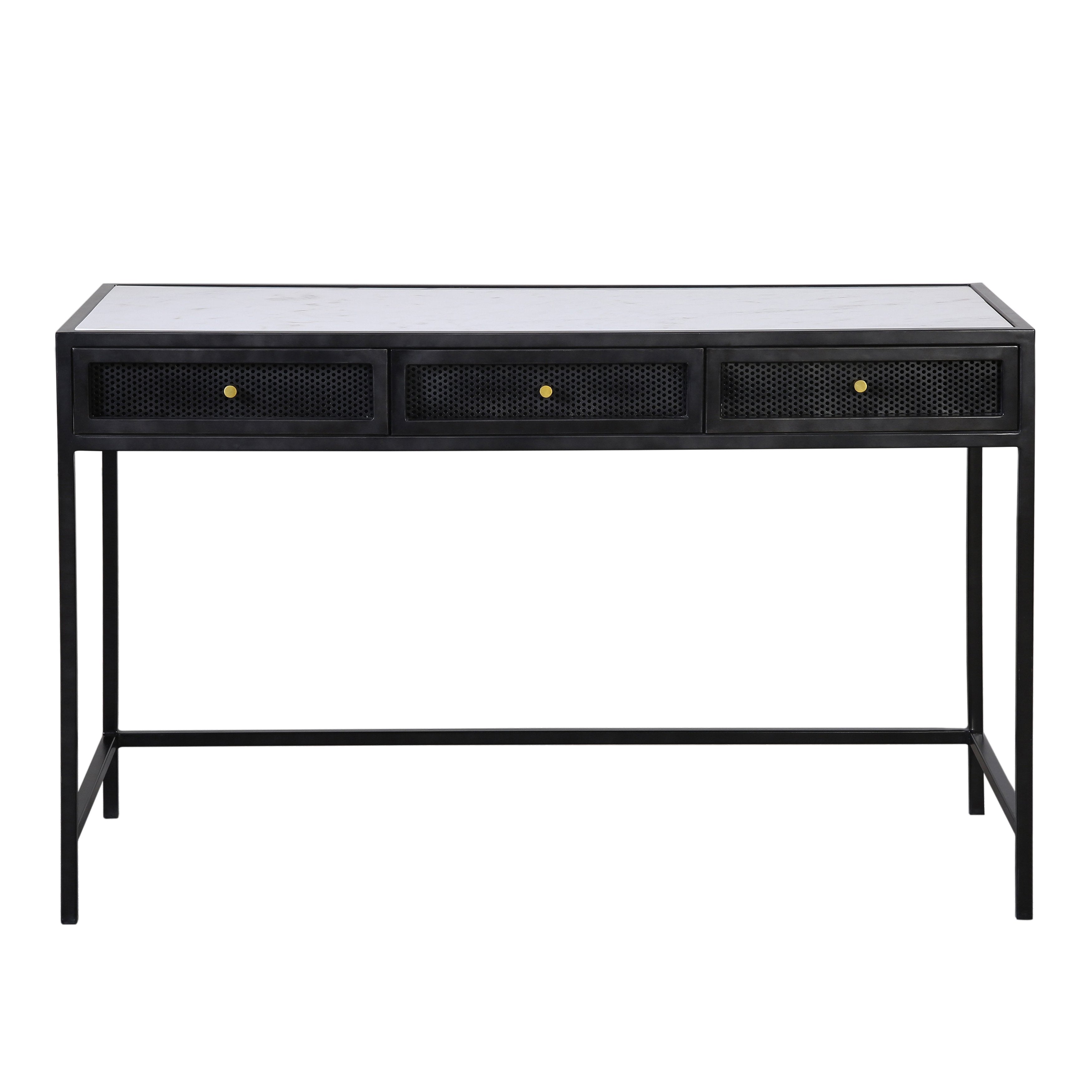 The Alaina Desk exemplifies modern elegance with a graceful silhouette and stunning contrasting materials. Meticulously crafted with high-quality iron, finished using a black antique colorway and banswara natural white marble top. It is completed with three mesh iron drawer fronts accented with gold hardware knobs for easy opening. Amethyst Home provides interior design, new home construction design consulting, vintage area rugs, and lighting in the Seattle metro area.