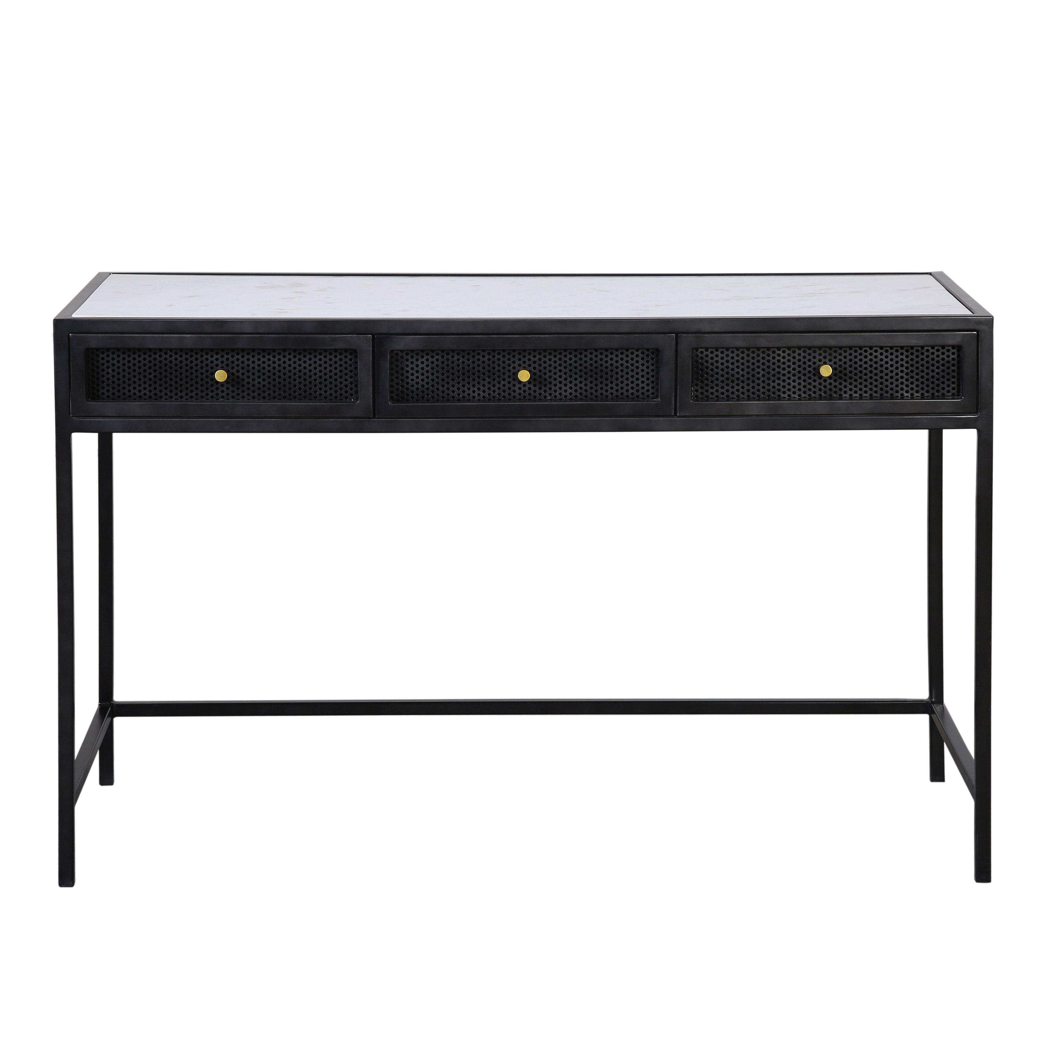 The Alaina Desk exemplifies modern elegance with a graceful silhouette and stunning contrasting materials. Meticulously crafted with high-quality iron, finished using a black antique colorway and banswara natural white marble top. It is completed with three mesh iron drawer fronts accented with gold hardware knobs for easy opening. Amethyst Home provides interior design, new home construction design consulting, vintage area rugs, and lighting in the Seattle metro area.