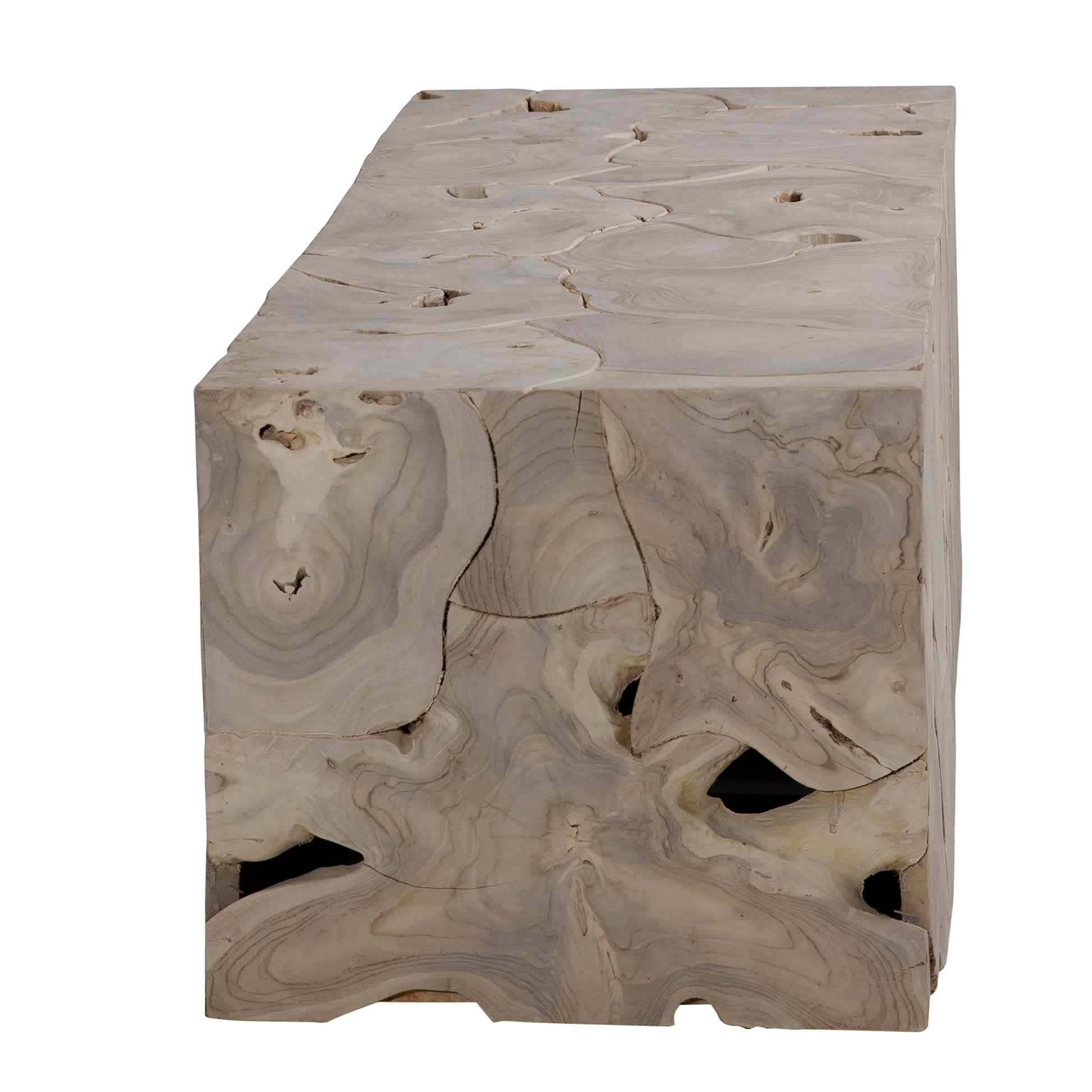 Pieced together from reclaimed slabs and chunks of solid teak wood finished in a bleached finish with exquisite craftsmanship. Artisans build each bench like a puzzle, fitting each piece together in combinations that are never duplicated. Like true works of art, no two will be exactly alike. Amethyst Home provides interior design, new home construction design consulting, vintage area rugs, and lighting in the Des Moines metro area.
