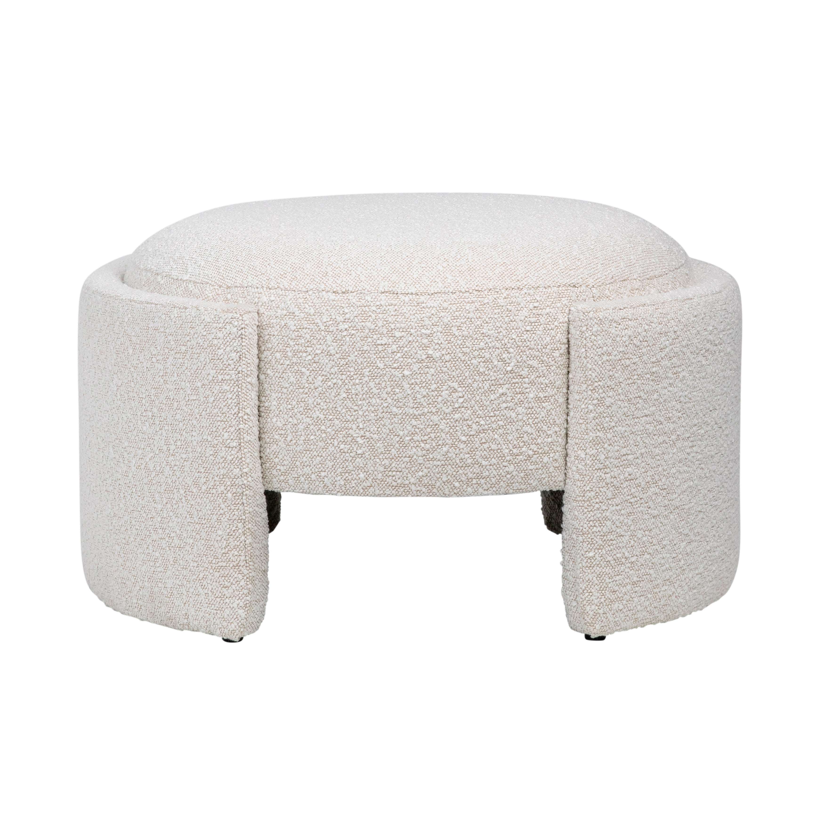 Add a contemporary touch to your seating arrangement with this lovely ottoman. Featuring a round frame supported by a stunning off-white boucle upholstery for extra softness and comfort. Use this 16x28” ottoman as a center table to display small tray and knick-knacks or as a place to prop your feet up after a long day.Depth : 25.5 in Amethyst Home provides interior design, new home construction design consulting, vintage area rugs, and lighting in the Calabasas metro area.