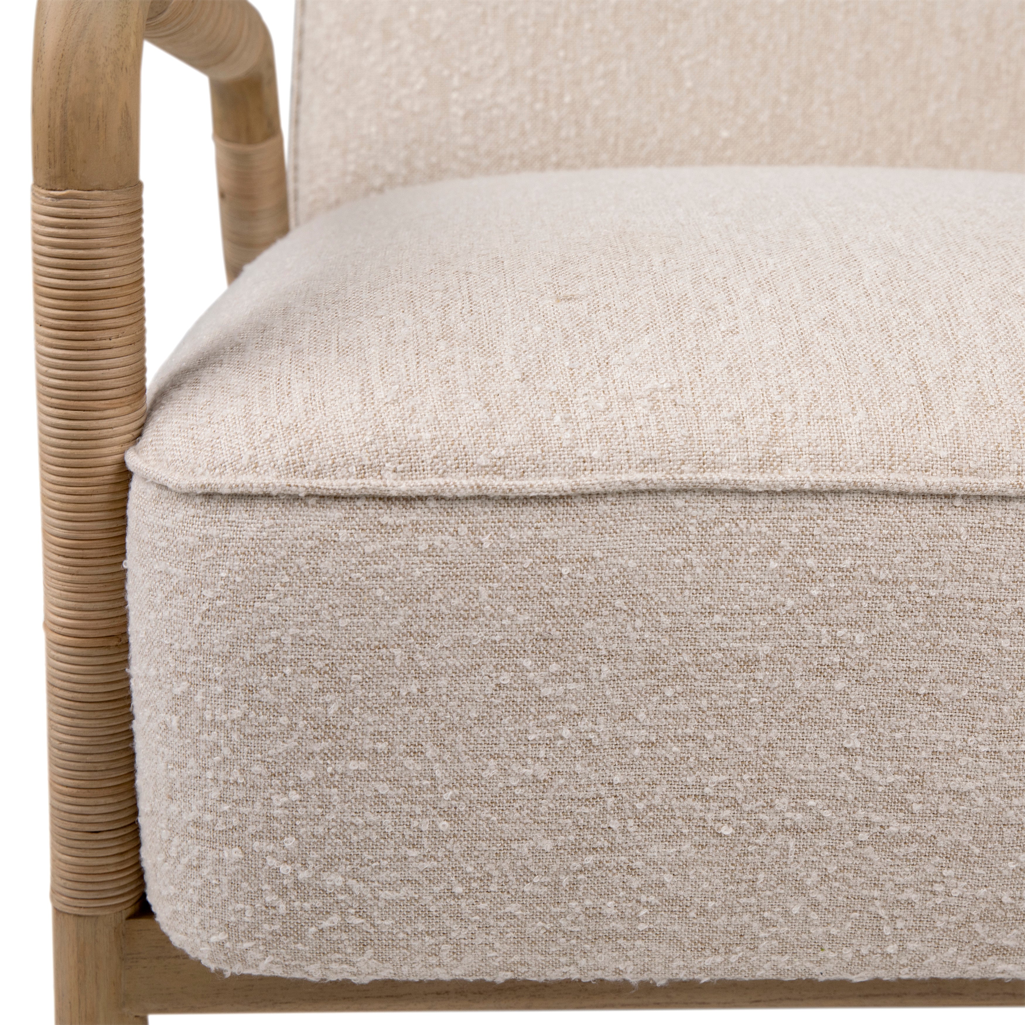 Featuring Clyde Occasional Chair by Dovetail at Amethyst Home. A slingback accent chair with natural finishes.
27.5" w x 34.5"d x 32"hMaterial : Boucle Upholstery, Mindi Wood and RattanWeight : 35.5 lbs. Amethyst Home provides interior design, new home construction design consulting, vintage area rugs, and lighting in the Newport Beach metro area.