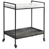Featuring Cortana Bar Cart by Dovetail at Amethyst Home. Roll into cocktail hour with modern style and a beautiful mix of materials.
32"w x 16"d x 32"hMaterial : Iron Frame with Mango Wood and Marble TrayWeight : 58 lbs. Amethyst Home provides interior design, new home construction design consulting, vintage area rugs, and lighting in the Boston metro area.
