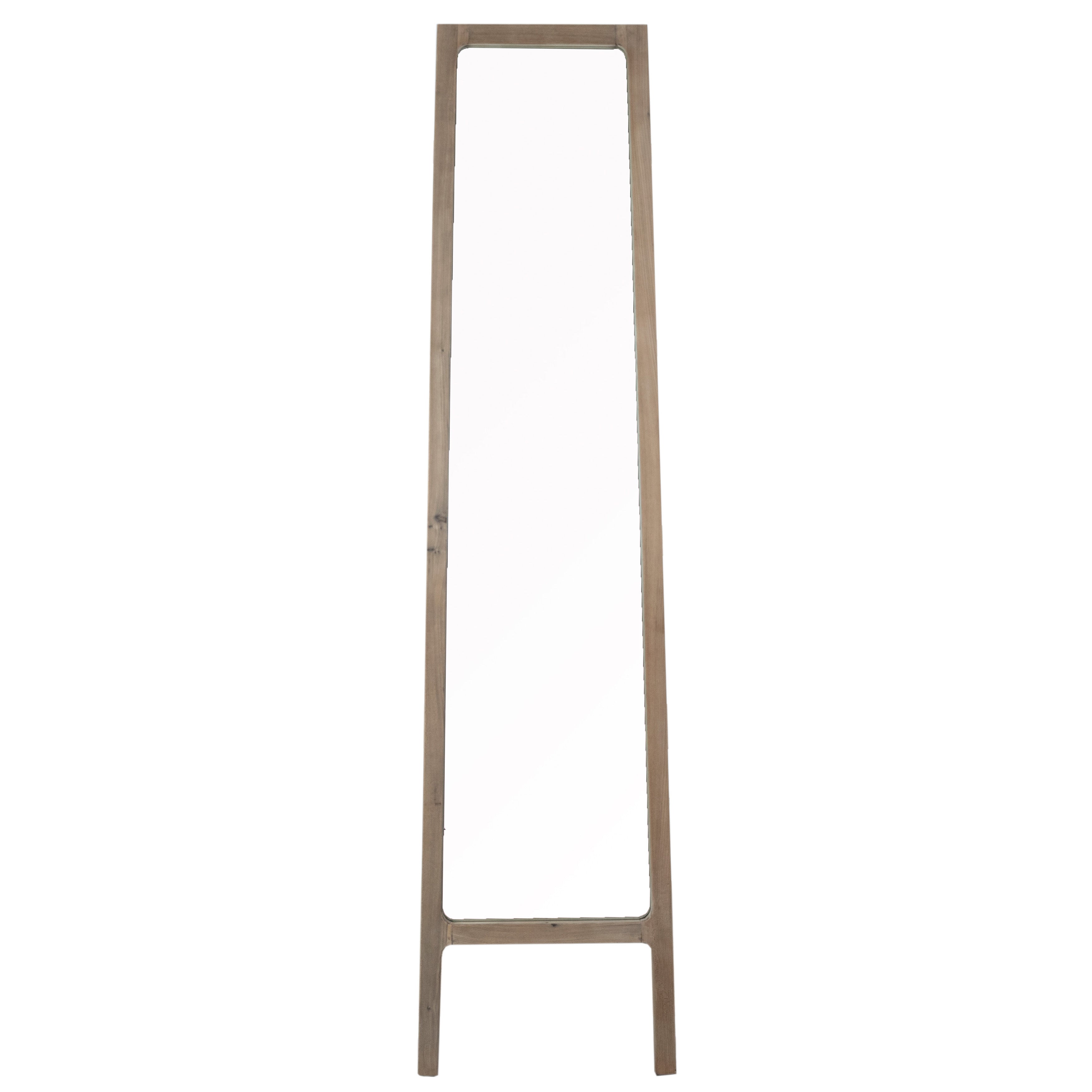 With its simplified design, this standing mirror gets back to the basic elements of what gives a mirror a minimalist look. Standing 79” tall and 17” wide with slender legs, its sleek design and narrow stature allow this mirror to fit in smaller spaces or narrow corners of the wall. Constructed with reclaimed pine wood in a light warm wash finish. Amethyst Home provides interior design, new home construction design consulting, vintage area rugs, and lighting in the Miami metro area.