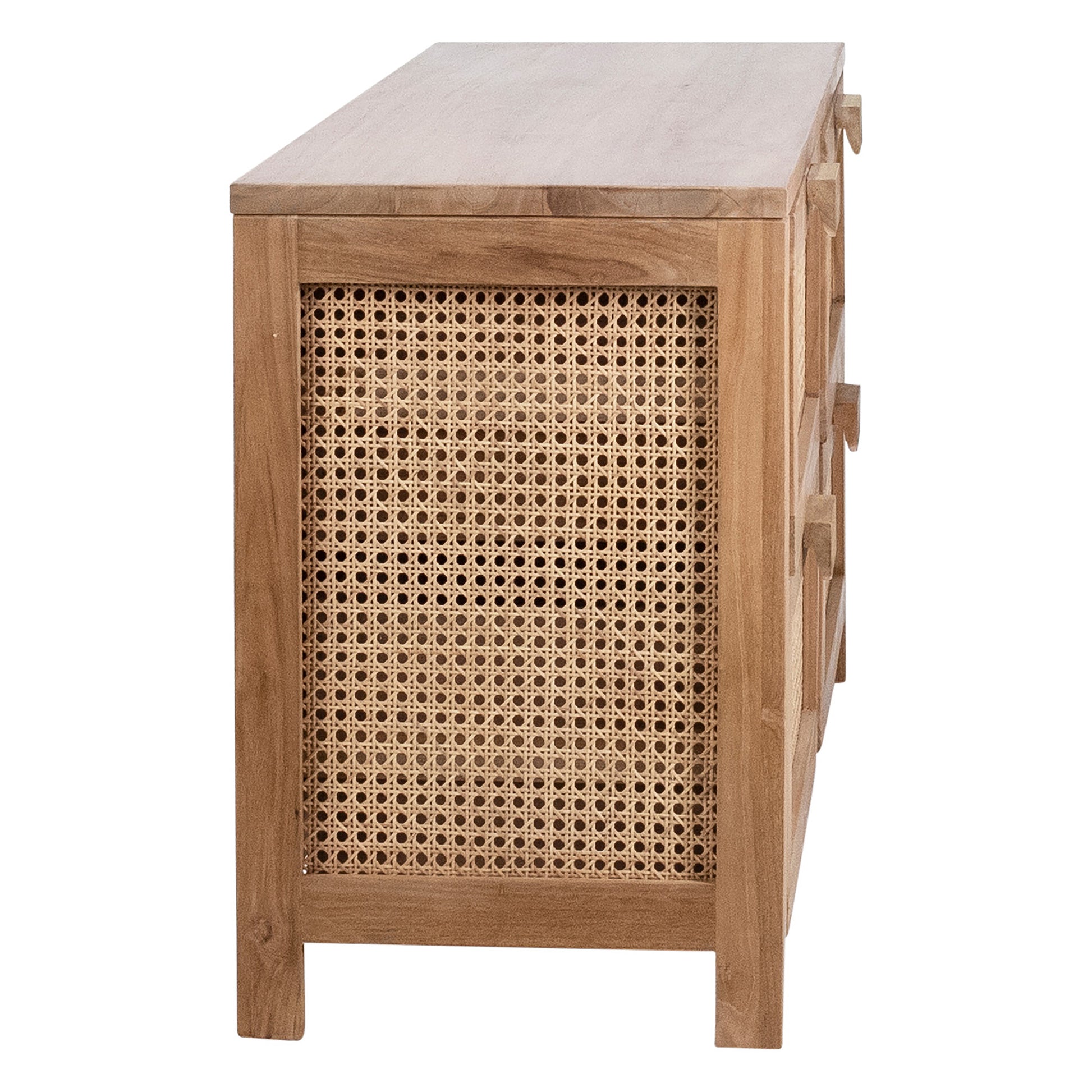 This beautifully designed 63” teakwood sideboard will be the perfect companion to both modern and traditional aesthetics. Featuring rattan details that add texture and an artisan touch to the four drawers and side panels. The ample interior offers plenty of storage for dining room or bedroom essentials.Depth : 18 in Amethyst Home provides interior design, new home construction design consulting, vintage area rugs, and lighting in the Boston metro area.
