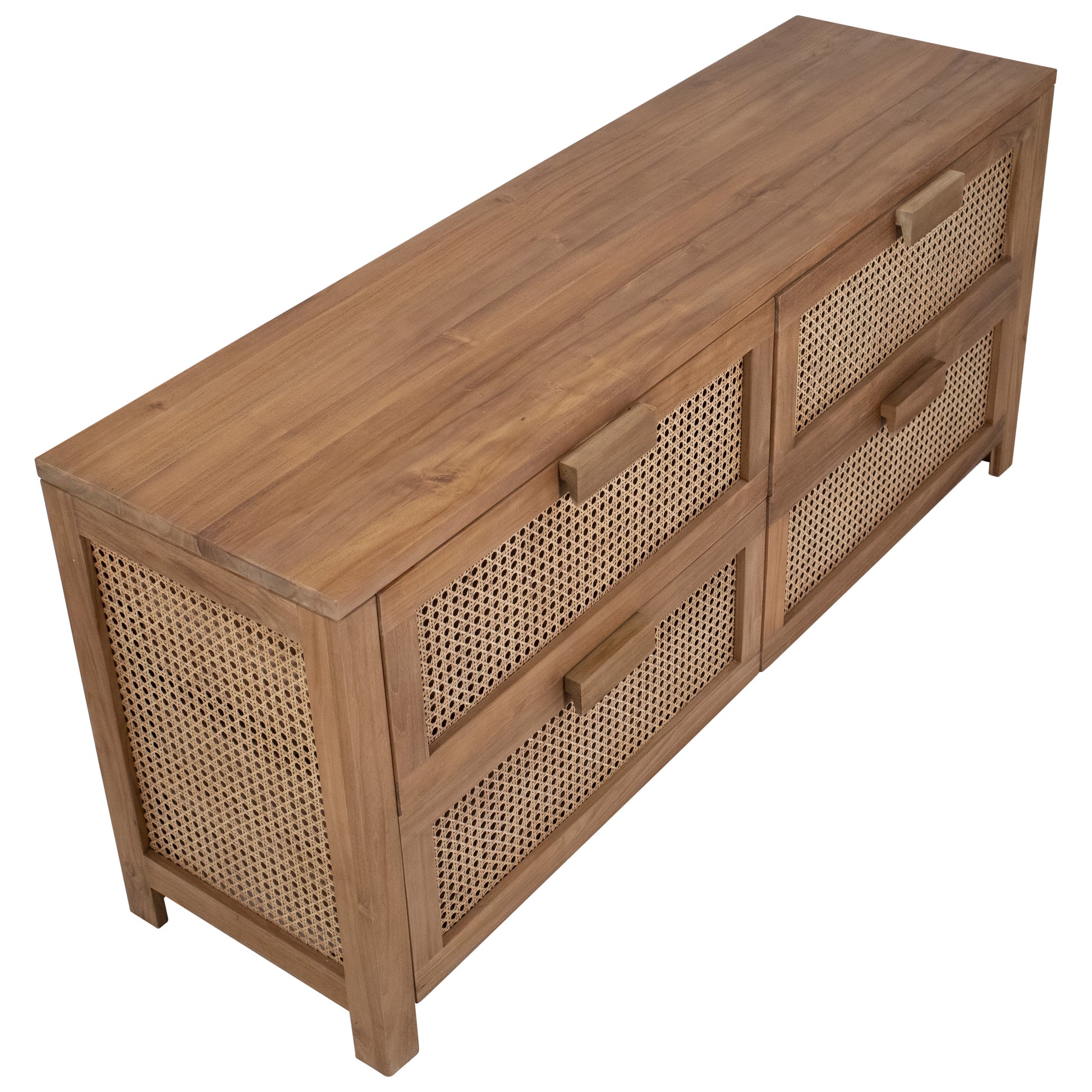 This beautifully designed 63” teakwood sideboard will be the perfect companion to both modern and traditional aesthetics. Featuring rattan details that add texture and an artisan touch to the four drawers and side panels. The ample interior offers plenty of storage for dining room or bedroom essentials.Depth : 18 in Amethyst Home provides interior design, new home construction design consulting, vintage area rugs, and lighting in the Nashville metro area.