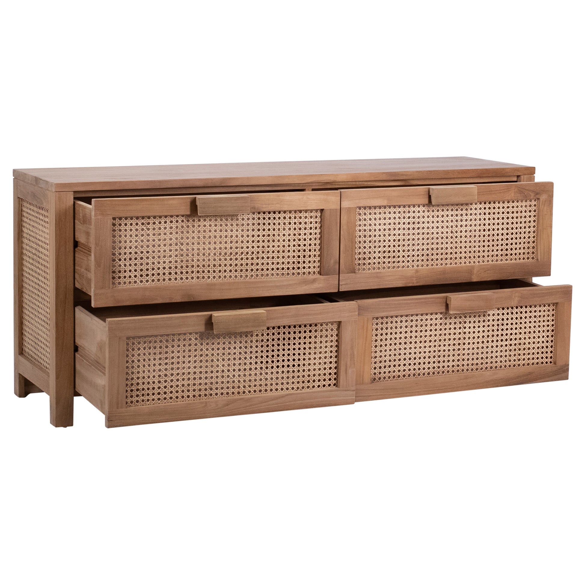 This beautifully designed 63” teakwood sideboard will be the perfect companion to both modern and traditional aesthetics. Featuring rattan details that add texture and an artisan touch to the four drawers and side panels. The ample interior offers plenty of storage for dining room or bedroom essentials.Depth : 18 in Amethyst Home provides interior design, new home construction design consulting, vintage area rugs, and lighting in the Omaha metro area.