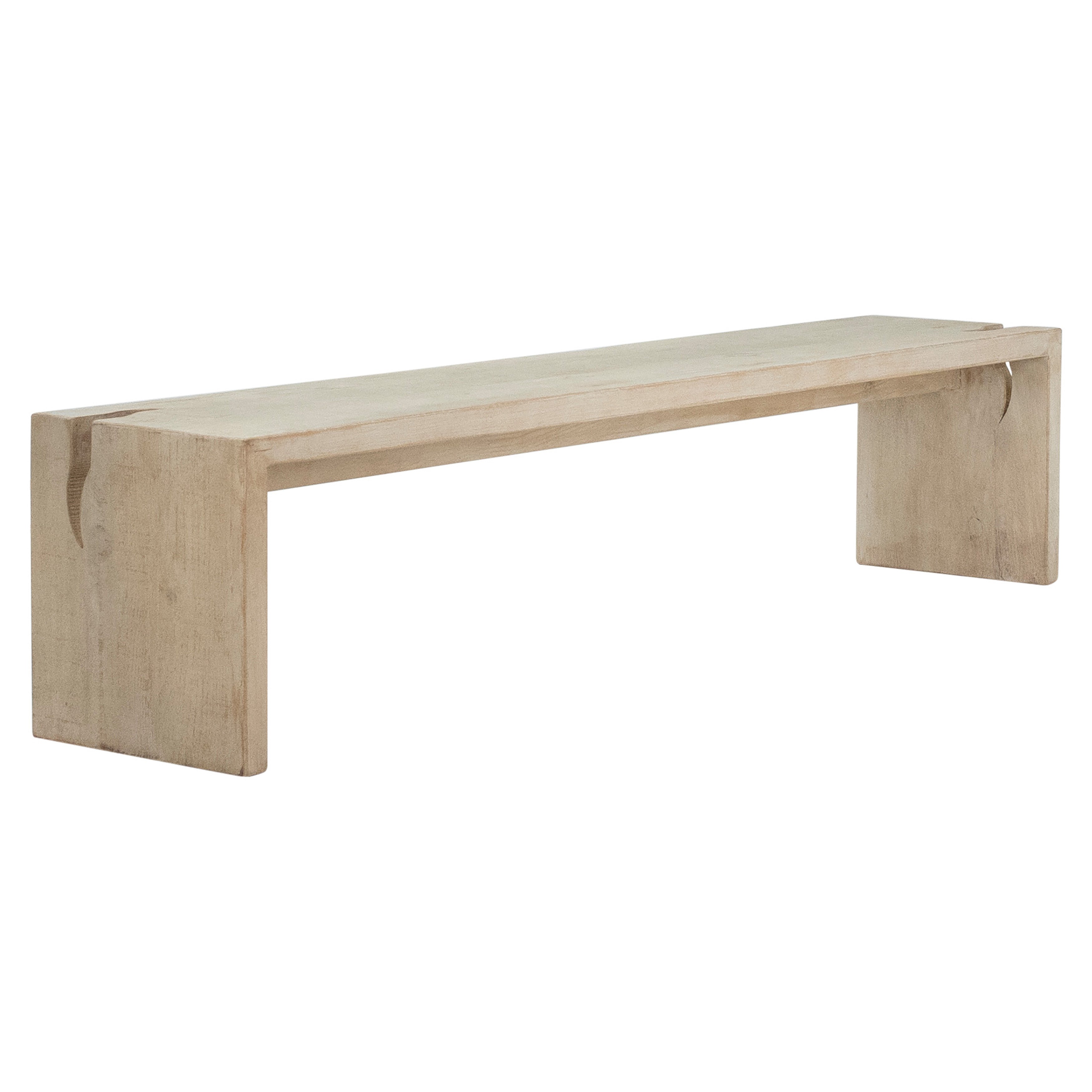 Crafted from reclaimed pine wood, this 84" bench seat showcases the beauty of its natural texture in a minimalist design. Featuring two intentional wood cut-outs that add to its natural charm. Finished in a beautiful light warm wash color to add a warm statement to your dining space.Depth : 16 in Amethyst Home provides interior design, new home construction design consulting, vintage area rugs, and lighting in the Calabasas metro area.