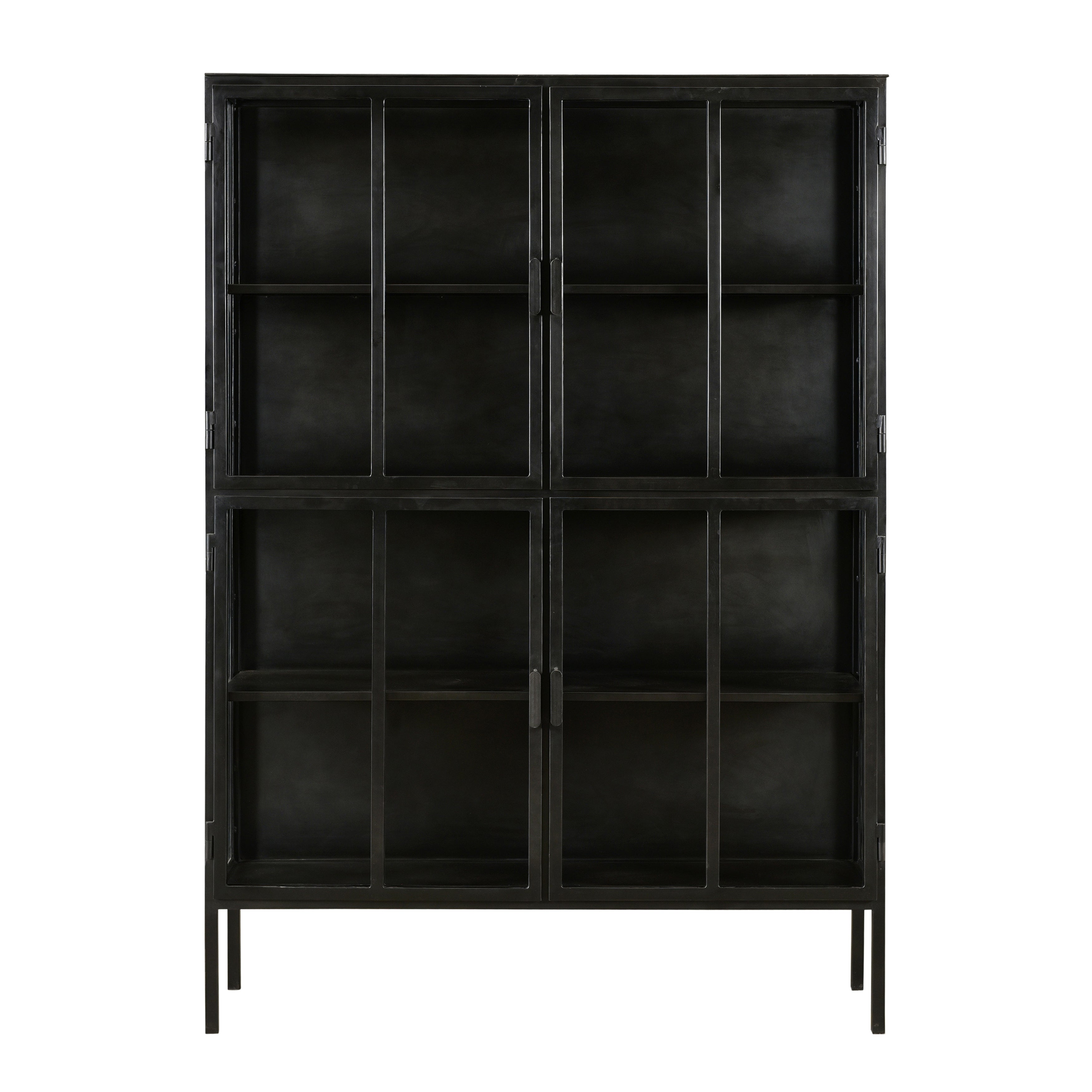 Keep your bedroom, kitchen, or living room organized with our stylish Roman Cabinet. Four glass doors with a bar pull open designed to keep dust away from your keepsakes. Featuring an industrial minimalist design and finished with antique gunmetal framing and shelves.Depth : 14 in Amethyst Home provides interior design, new home construction design consulting, vintage area rugs, and lighting in the Monterey metro area.