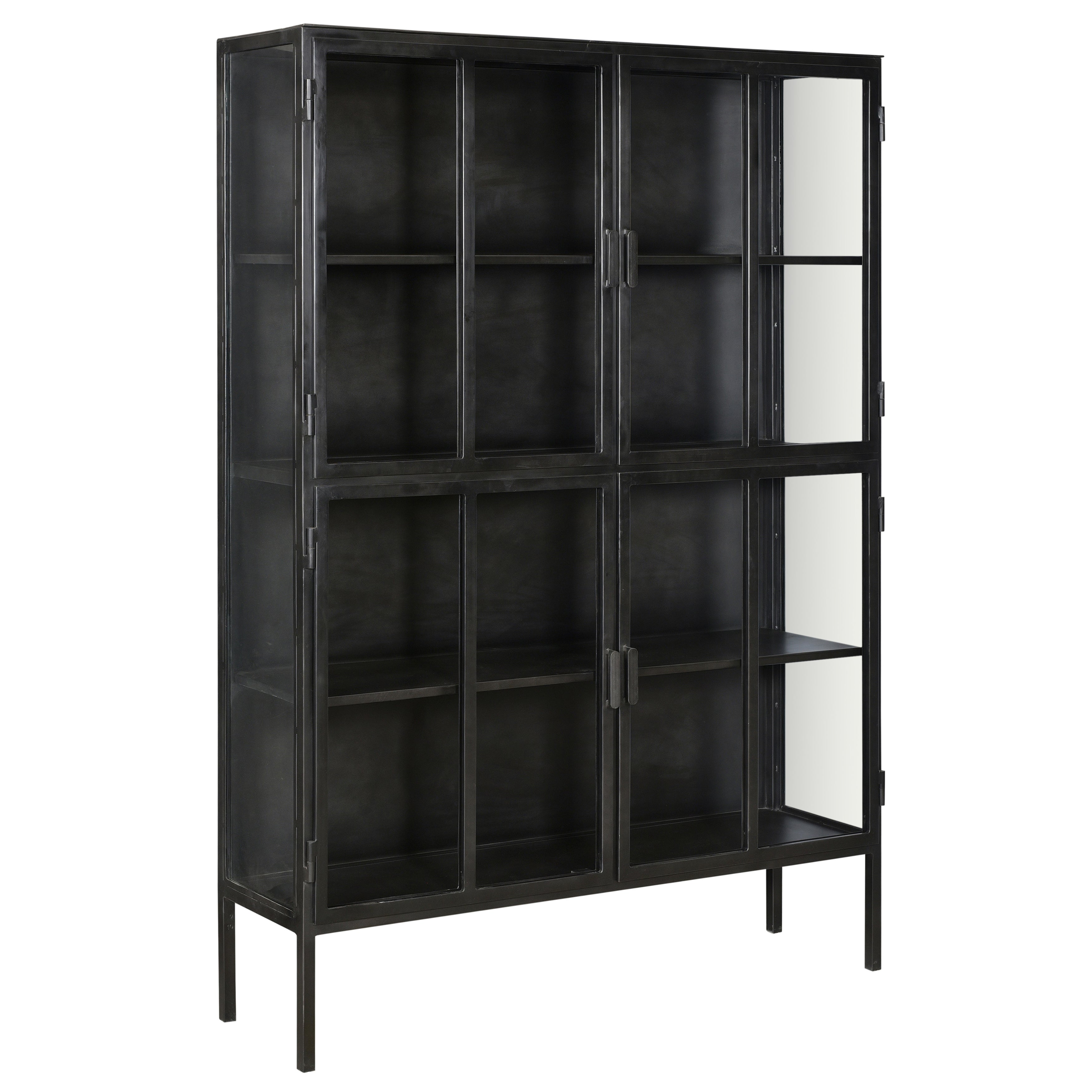 Keep your bedroom, kitchen, or living room organized with our stylish Roman Cabinet. Four glass doors with a bar pull open designed to keep dust away from your keepsakes. Featuring an industrial minimalist design and finished with antique gunmetal framing and shelves.Depth : 14 in Amethyst Home provides interior design, new home construction design consulting, vintage area rugs, and lighting in the Omaha metro area.