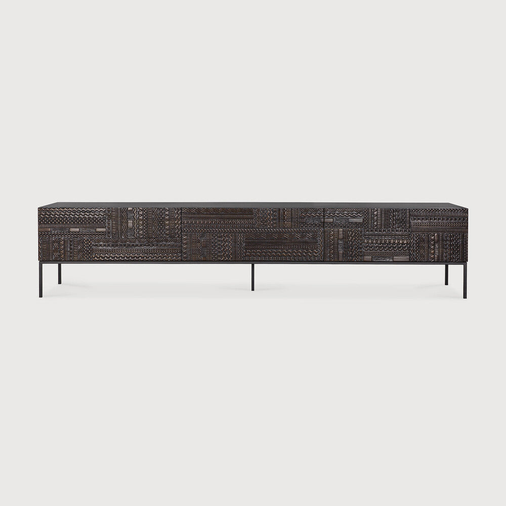 Featuring Tabwa TV Cupboard Teak Black by Ethnicraft at Amethyst Home. The Tabwa collection offers timeless centerpieces of minimalistic silhouette with a unique and distinct character. Contemporary wooden furniture are transformed into unique pieces of art where each pattern is carefully carved by our artisans. Named after the Tabwa culture from Central Afric. Amethyst Home provides interior design, new home construction design consulting, vintage area rugs, and lighting in the Austin metro area.