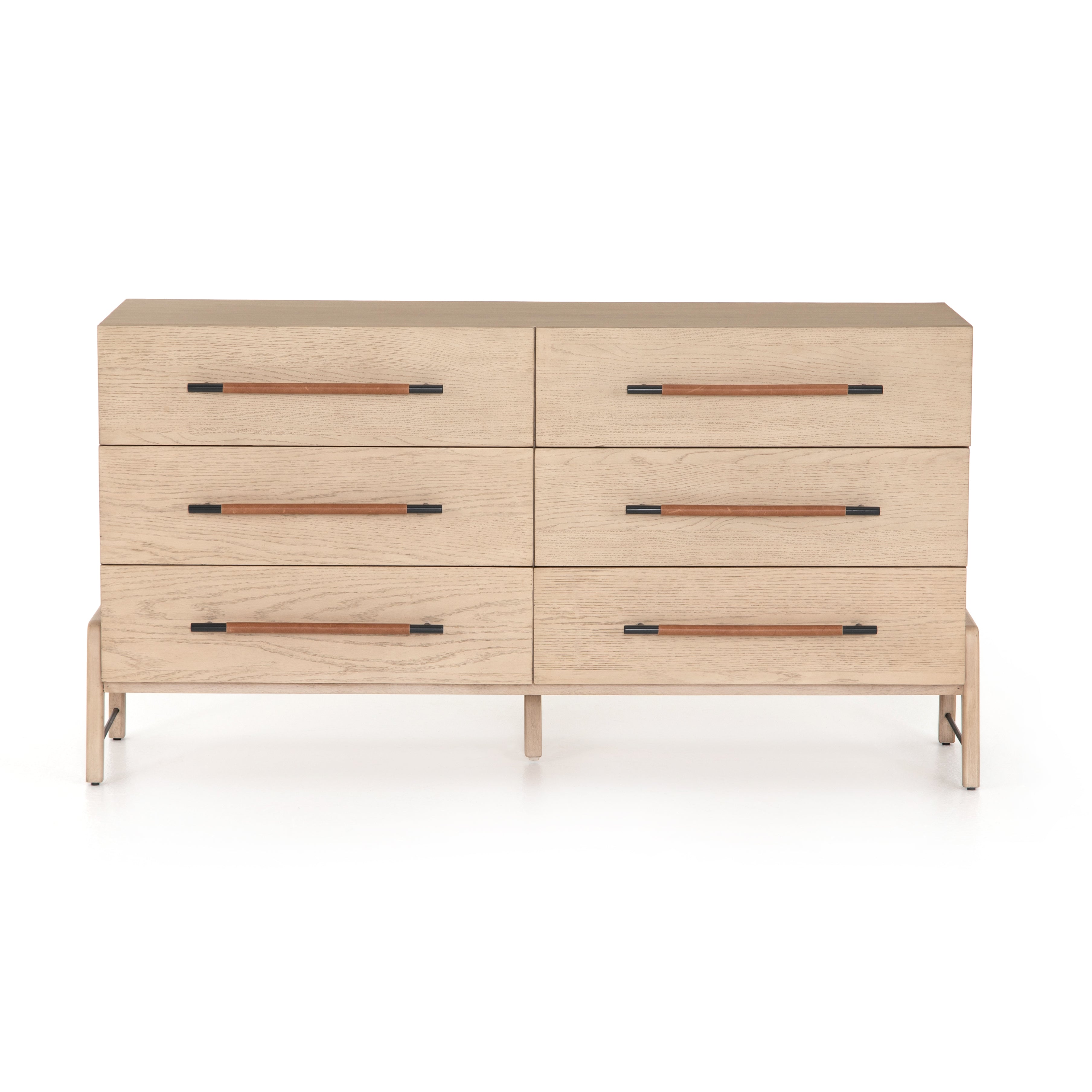 The light-finished oak of this Rosedale 6 Drawer Dresser brings a clean, brightness to any room. With six spacious drawers and iron hardware wrapped in a gorgeous, tan leather,  this is a functional and beautiful piece to add to your bedroom or other area.   Overall Dimensions: 62.50"w x 19.50"d x 33.00"h Materials: Oak Veneer, Top Grain Leather, Iron, Solid Oak