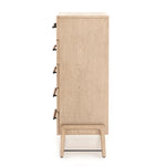 The light-finished oak of this Rosedale 6 Drawer Tall Dresser brings a clean, brightness to any room. With four large drawers and two smaller drawers, this is a functional and beautiful piece to add to your bedroom or other area. The iron hardware wrapped in a gorgeous, tan leather really seals the deal!   Overall Dimensions: 36.50"w x 19.50"d x 49.25"h Materials: Oak Veneer, Top Grain Leather, Iron, Solid Oak